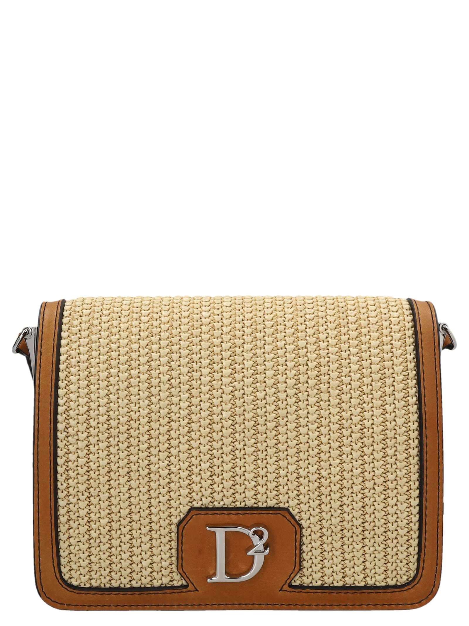 Dsquared2 Medium Crossbody Bag In Brown Leather And Raffia