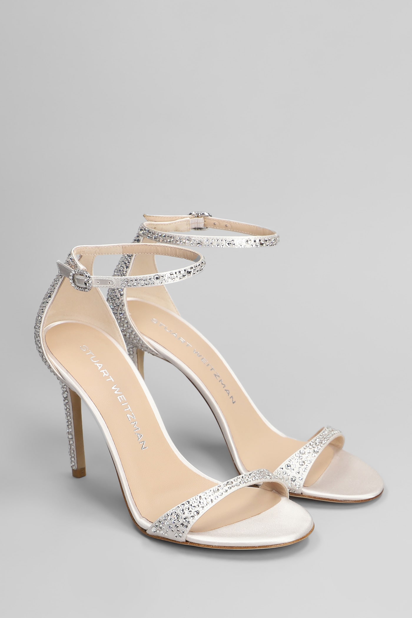 Stuart Weitzman Nudist Shine Sandals In Silver Satin In Silver