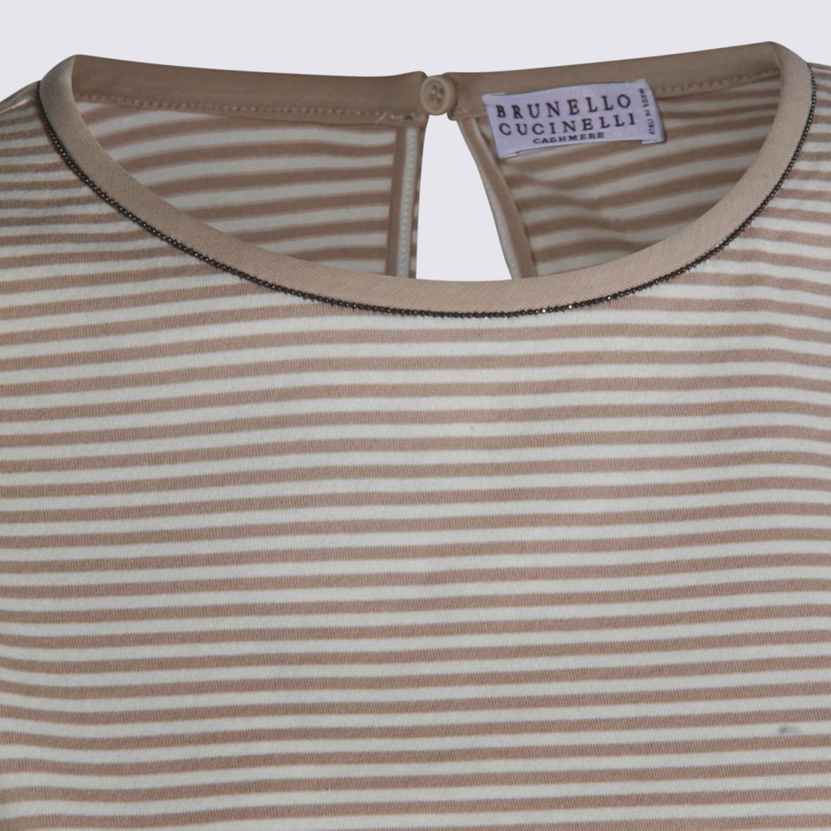Brunello Cucinelli Striped Crew Neck T-shirt With Keyhole Detail In Gray