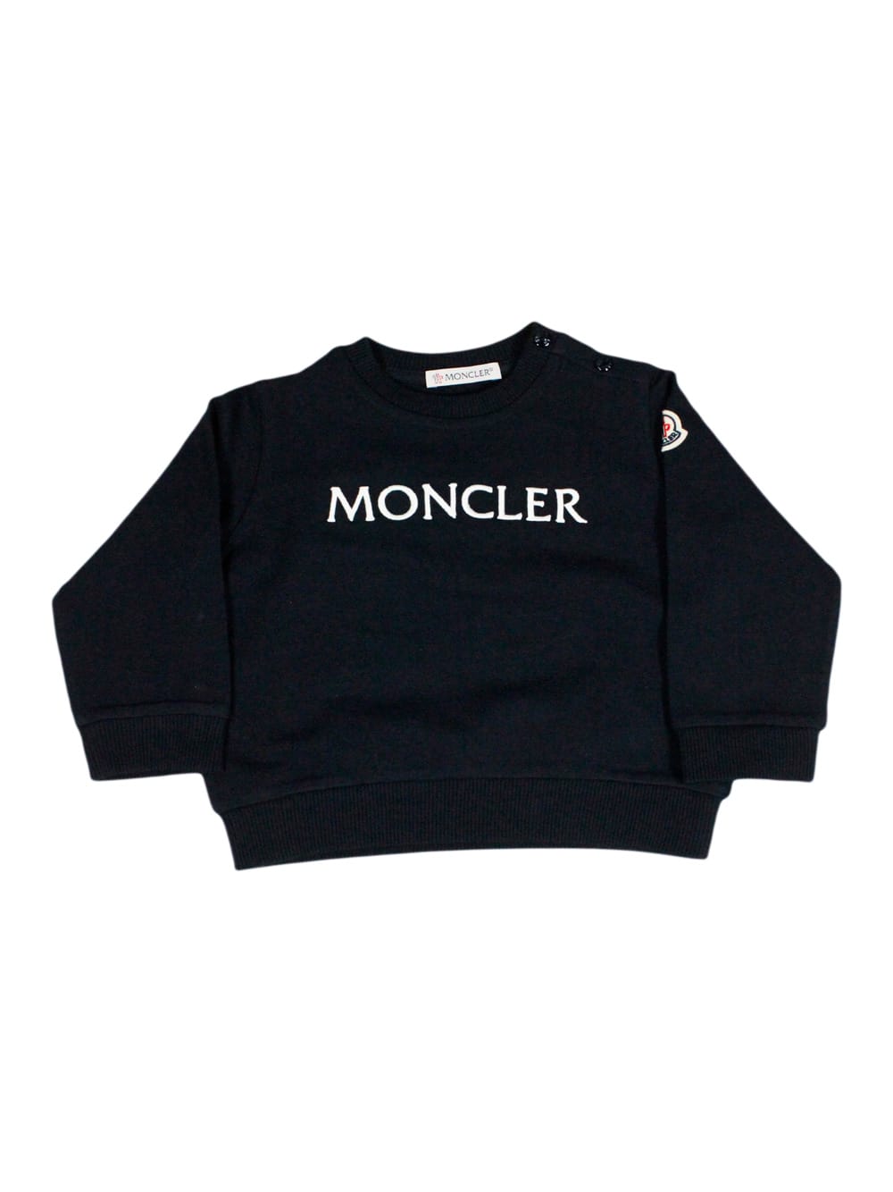 Shop Moncler Long-sleeved Crew-neck Sweatshirt In Fine Cotton With Writing On The Chest In Blu