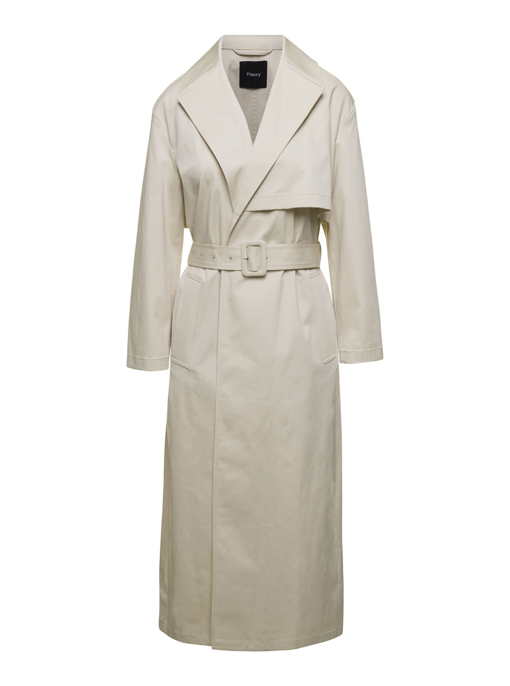 Shop Theory Beige Double- Breasted Trench Coat In Cotton Stretch Woman