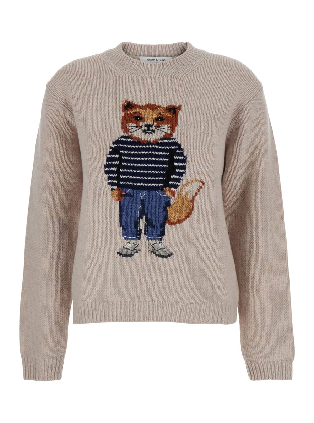 Maison Kitsuné Beige Crew Neck Sweater With Ribbed Design And Front Embroidery In Wool Woman In Sand