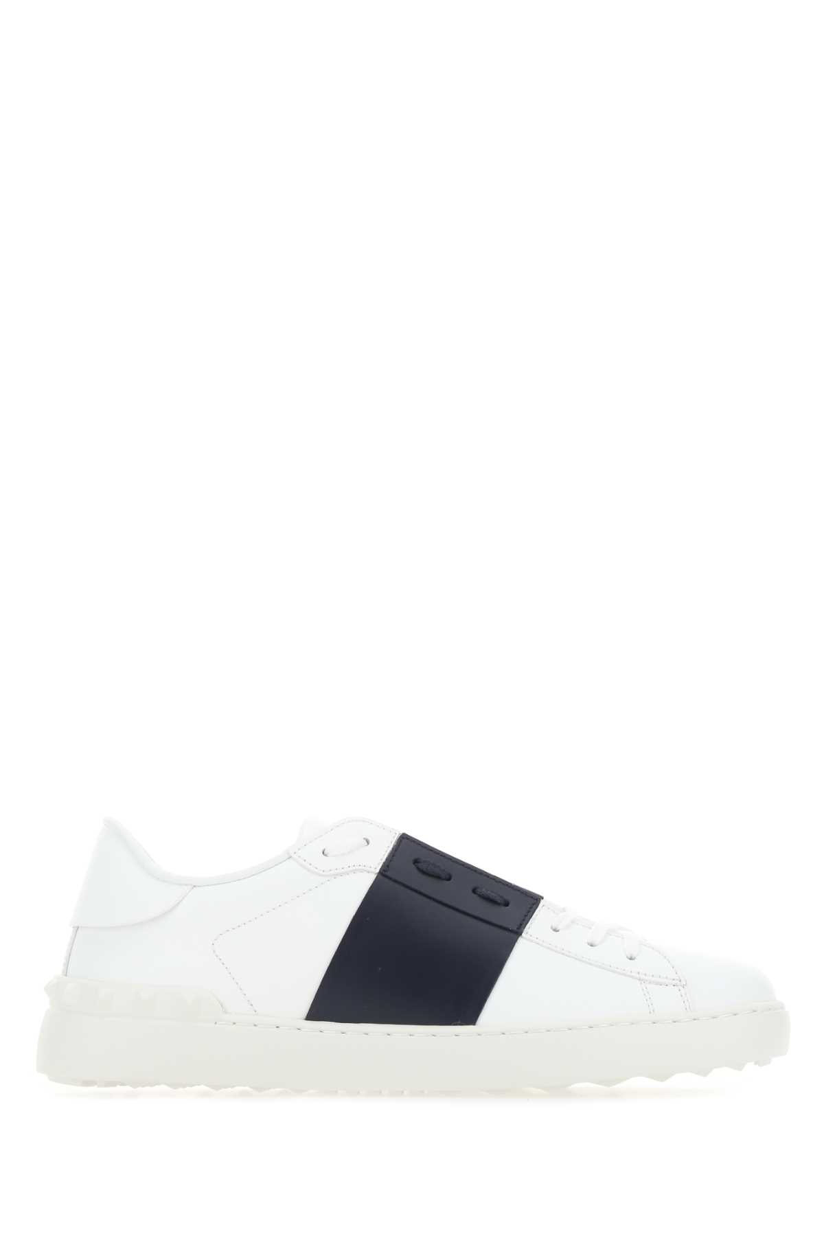 White Leather Open Sneakers With Midnight Blue Band