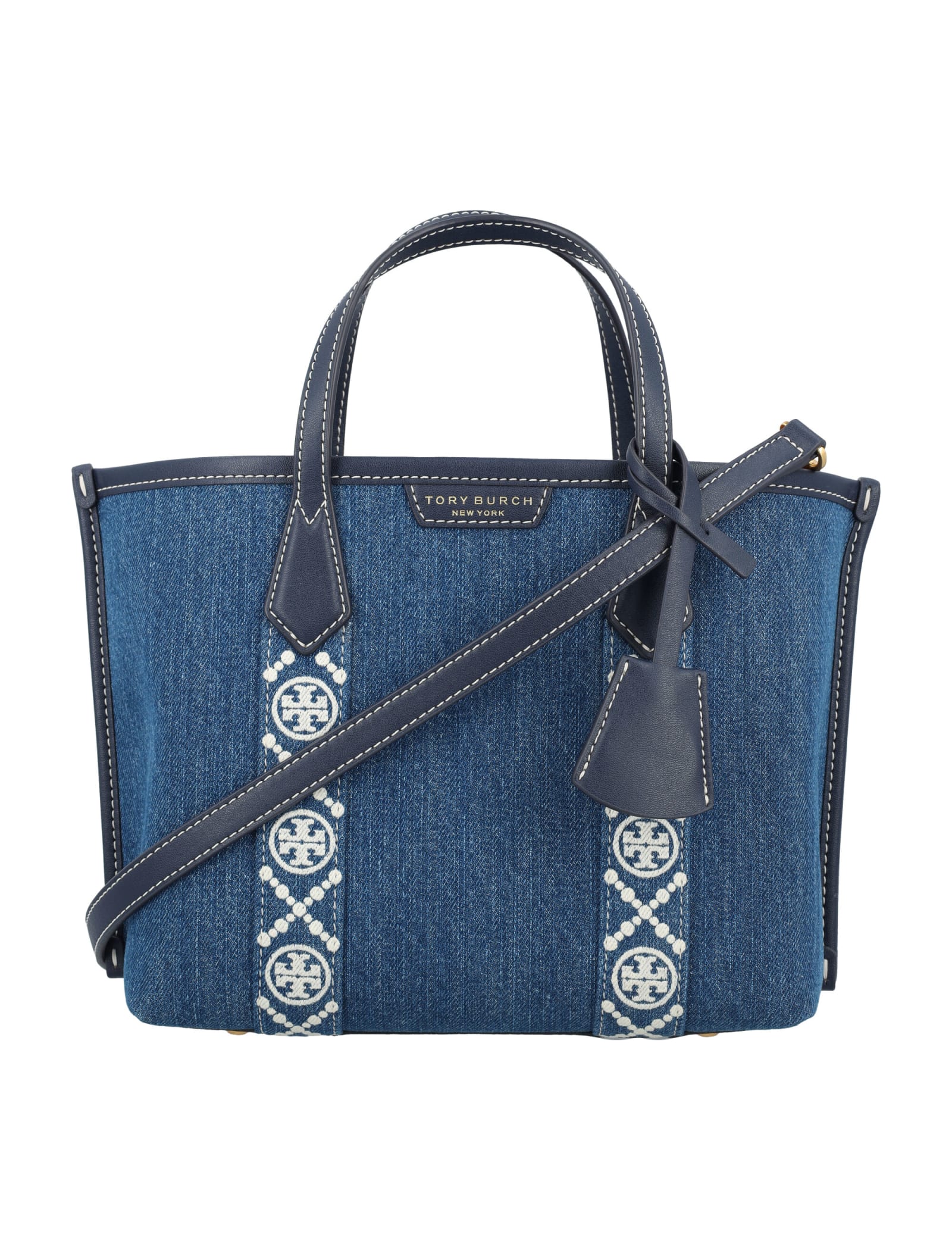 Shop Tory Burch Perry Denim Triple-compartment Small Tot In Denim Multi