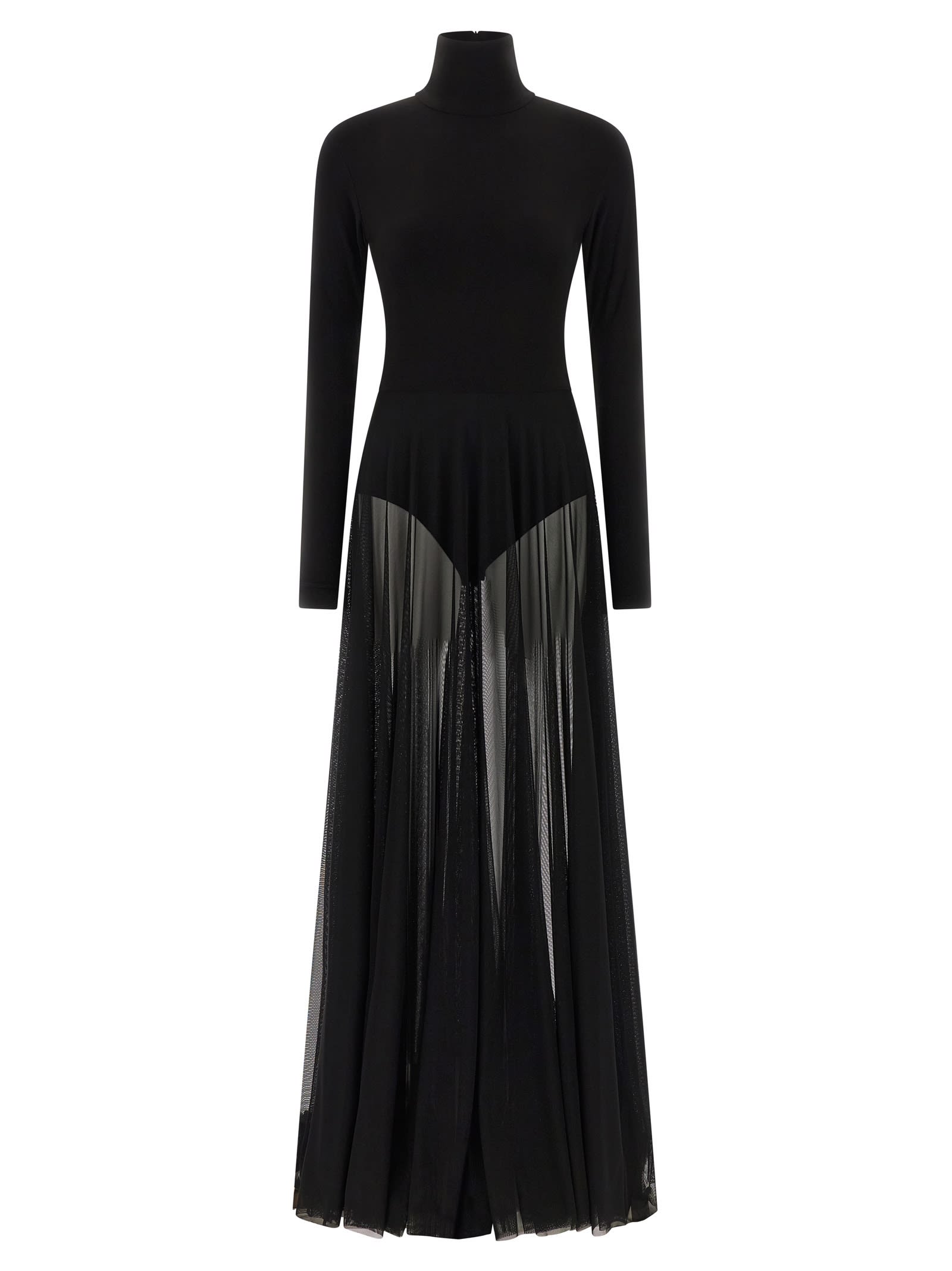 Norma Kamali Long Sleeve Turtleneck Bodysuit Flared Gown In Black