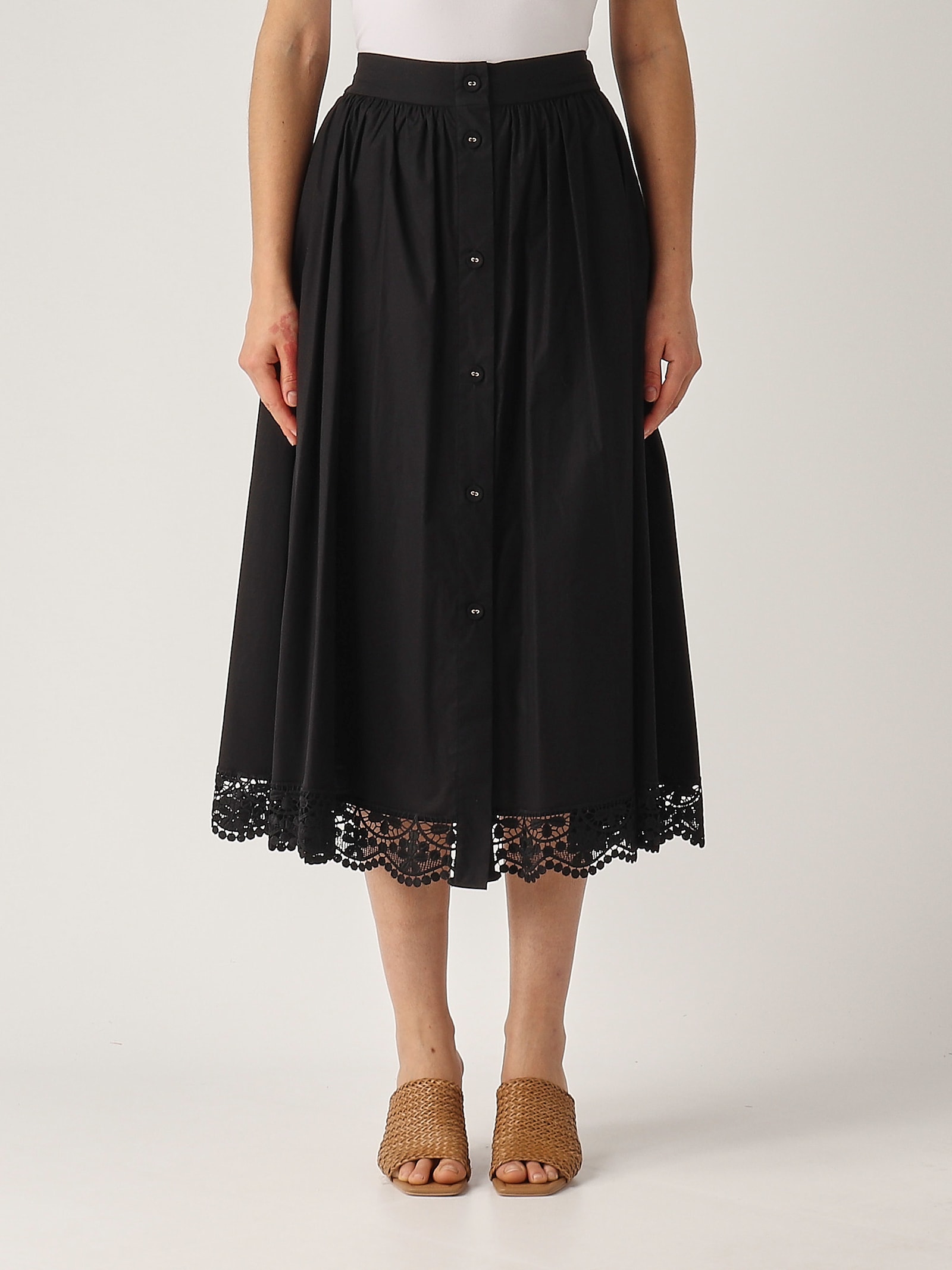 Twinset Cotton Midi Skirt In Black With Buttons Fastening In Nero