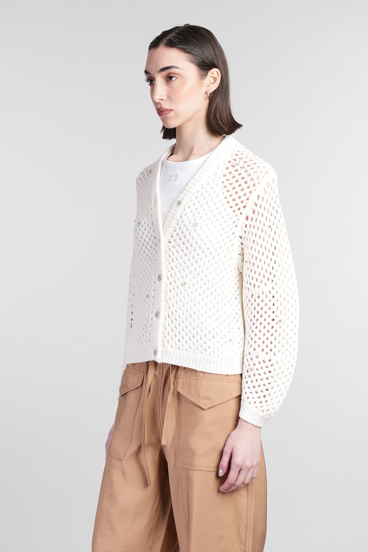Ganni Open-knit Cardigan In Beige