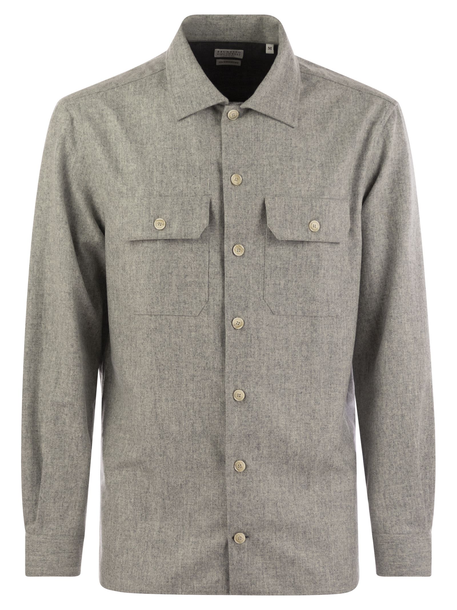 Shop Brunello Cucinelli Virgin Wool Over Shirt With Pockets In Pearl