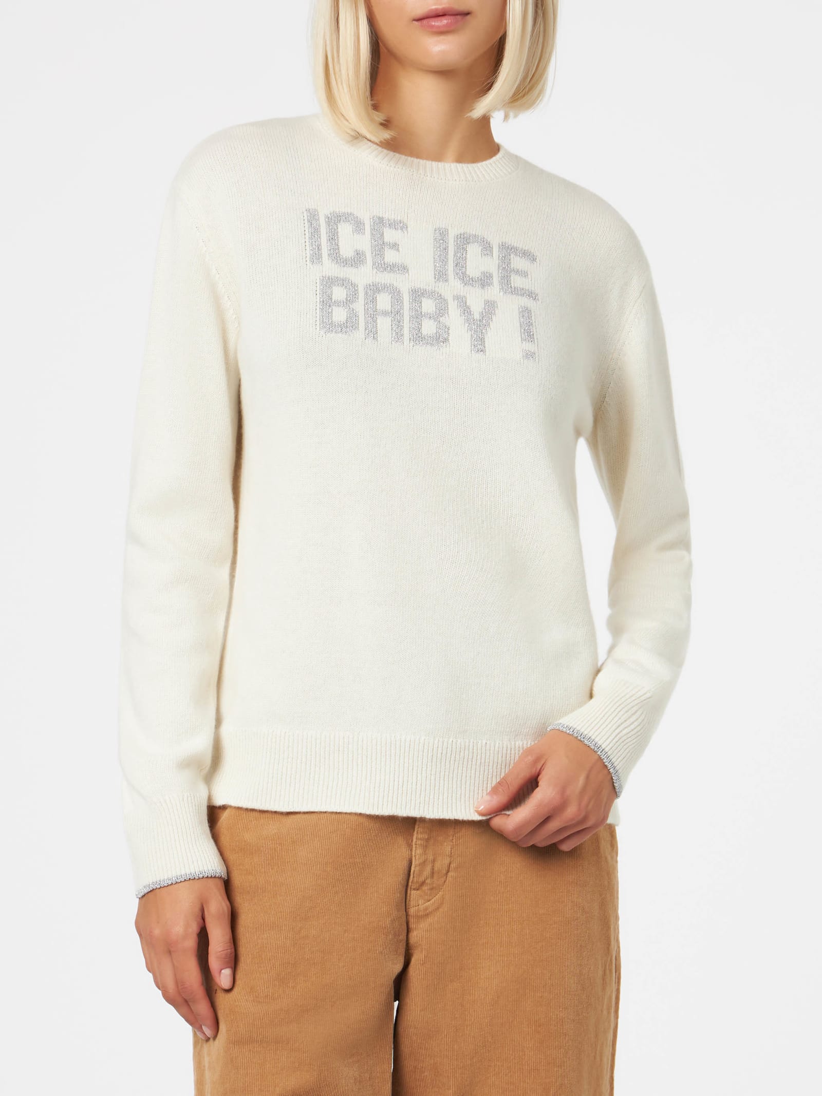 Mc2 Saint Barth Woman Crewneck White Sweater With Ice Ice Baby Print In White
