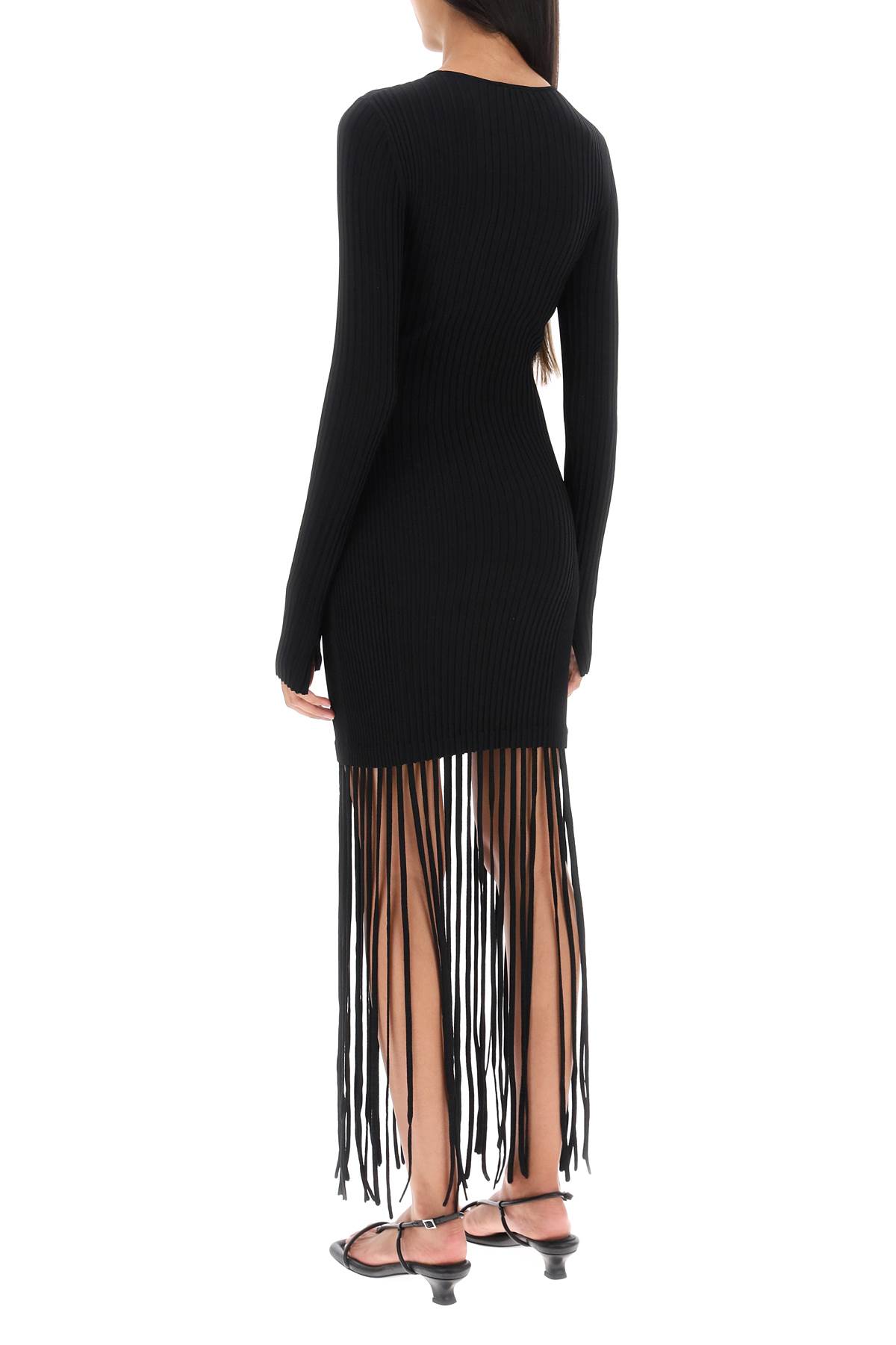 Shop Ganni Ribbed-knit Dress With Fringes In Black