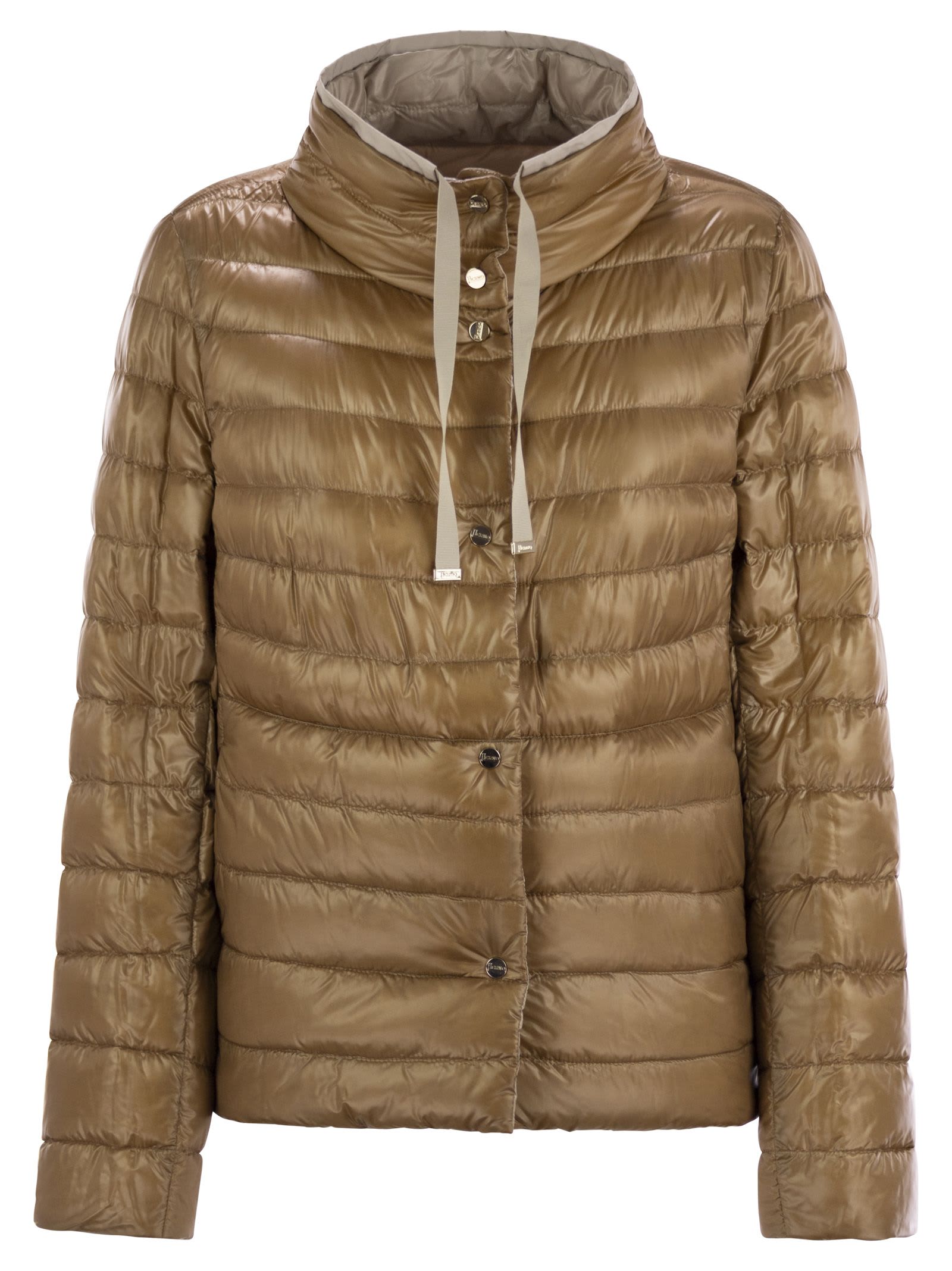 Herno Light Gray Reversible High Neck Down Jacket In Technical Fabric Woman In Beige/camel
