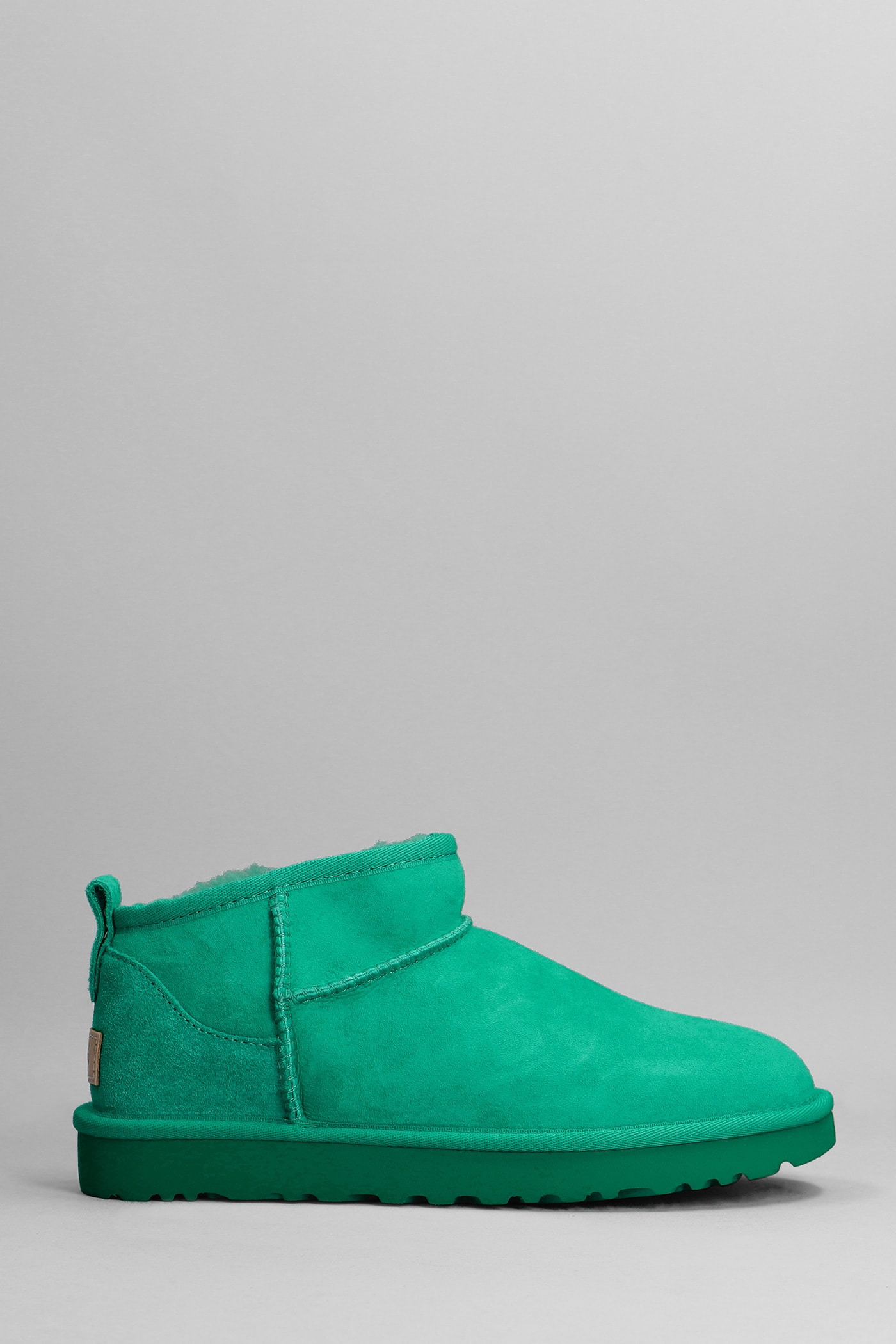 UGG CLASSIC ULTRA MINI LOW HEELS ANKLE BOOTS IN GREEN SUEDE
