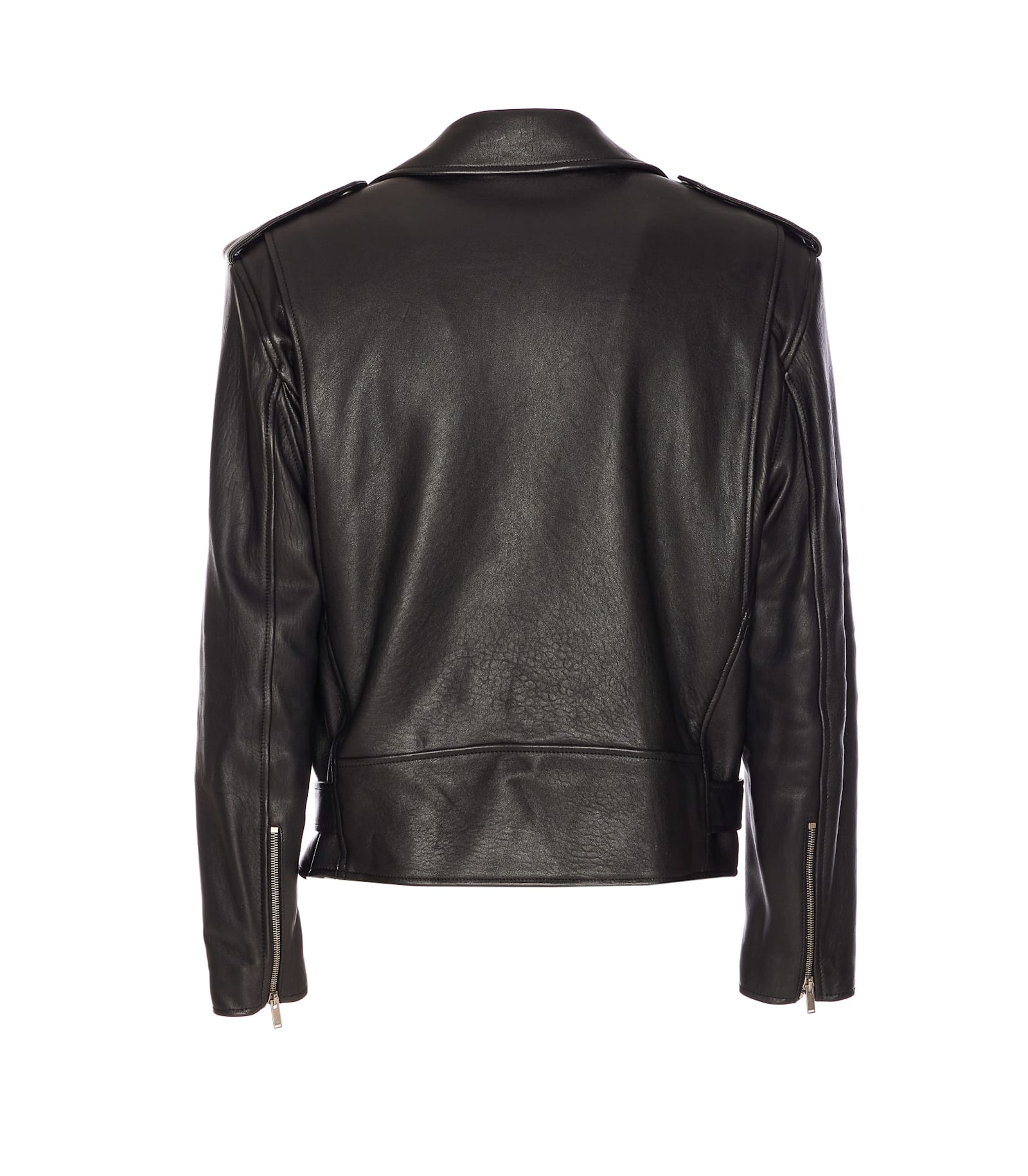Saint Laurent Black Biker Jacket With Classic Lapels And Asymmetric Zip On The Front In Hammered Lea In Blue