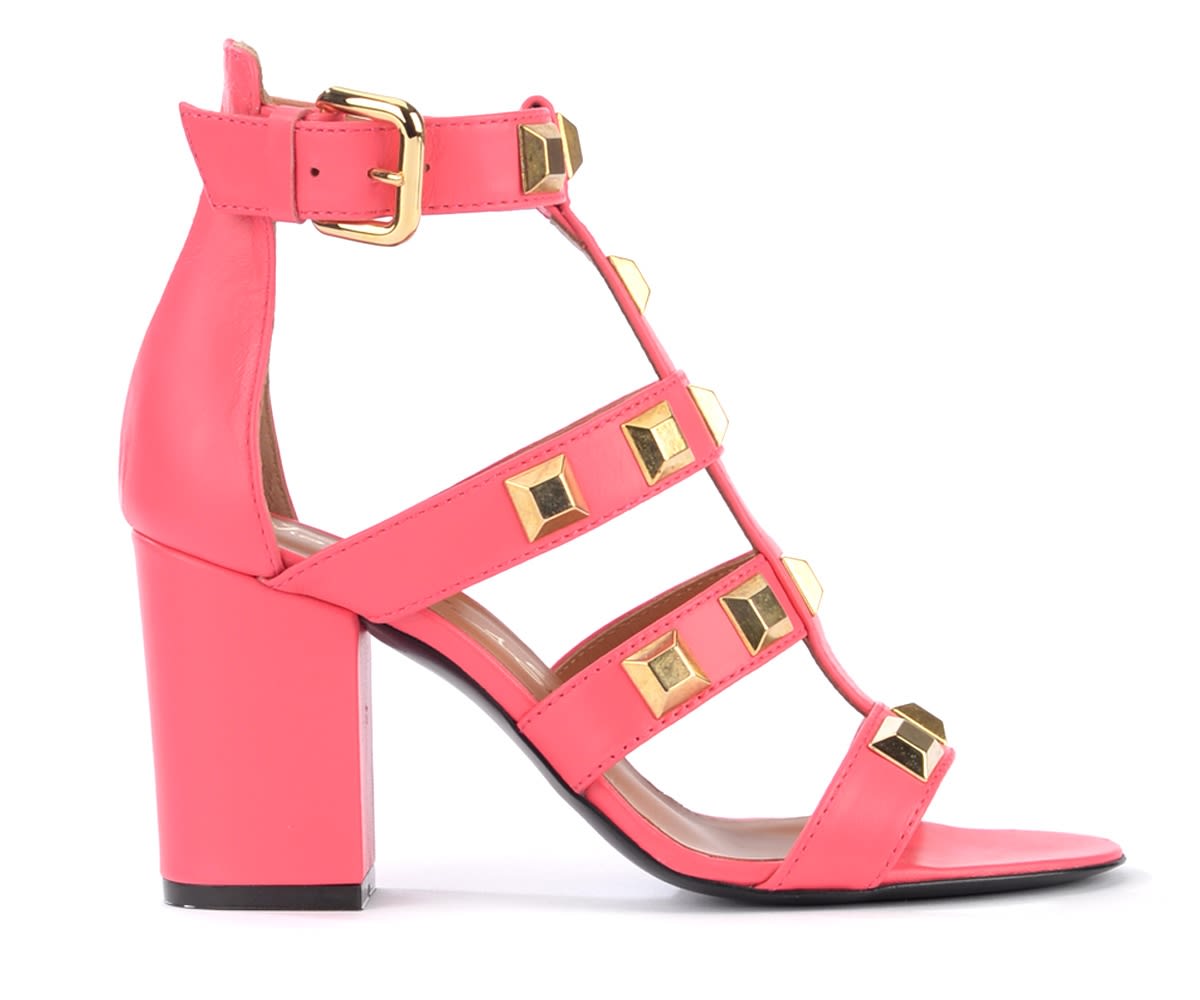 Via Roma 15 Heeled Sandal In Coral Leather With Studs