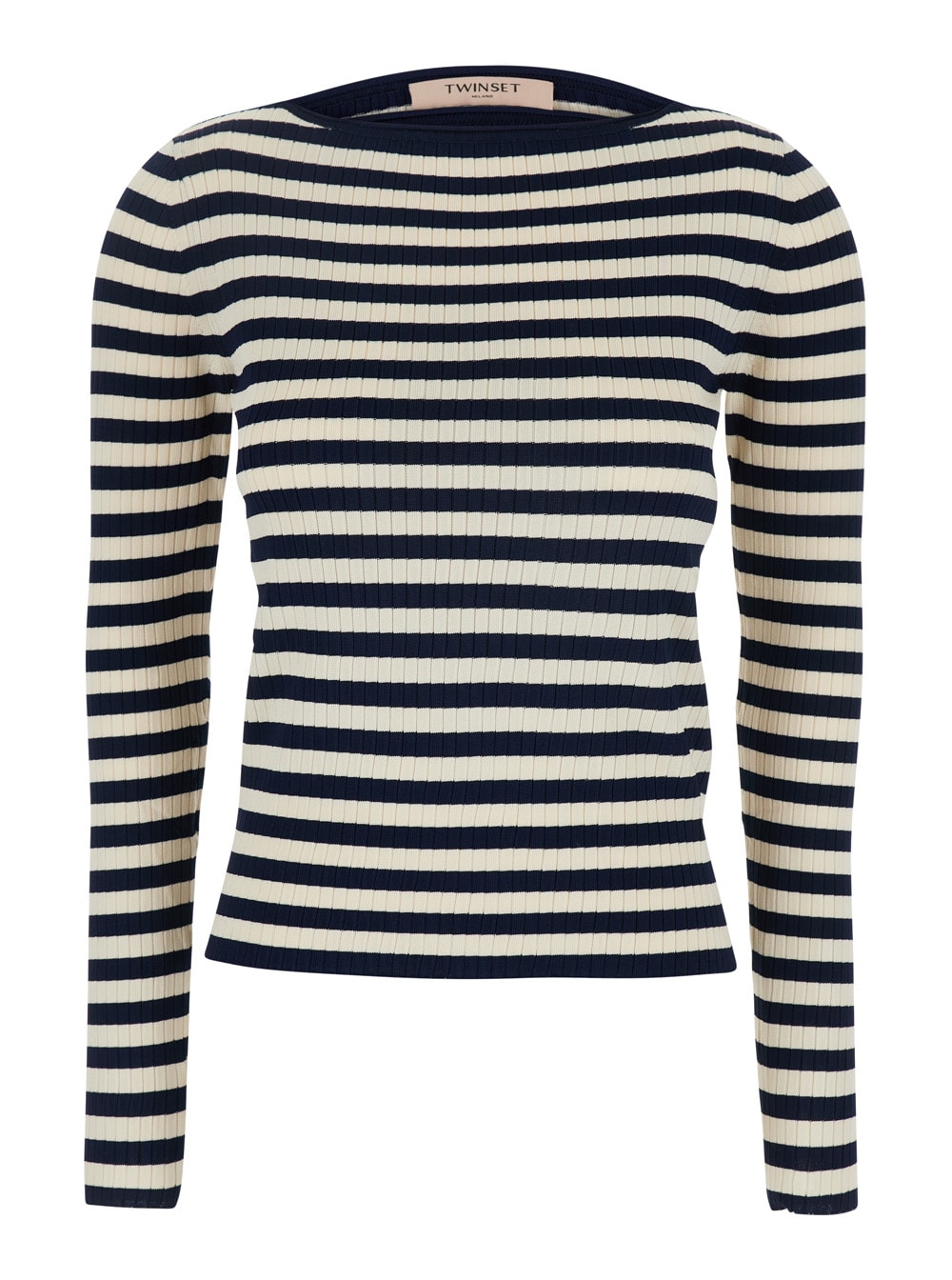 White And Black Top With Ribbed Design And All-over Striped Motif In Viscose Woman TwinSet