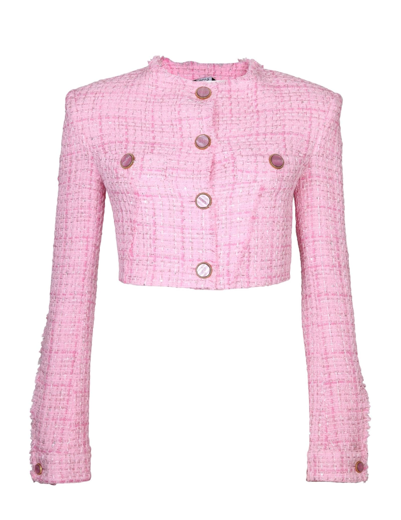 Gcds Button-up Cropped Tweed Jacket In Pink