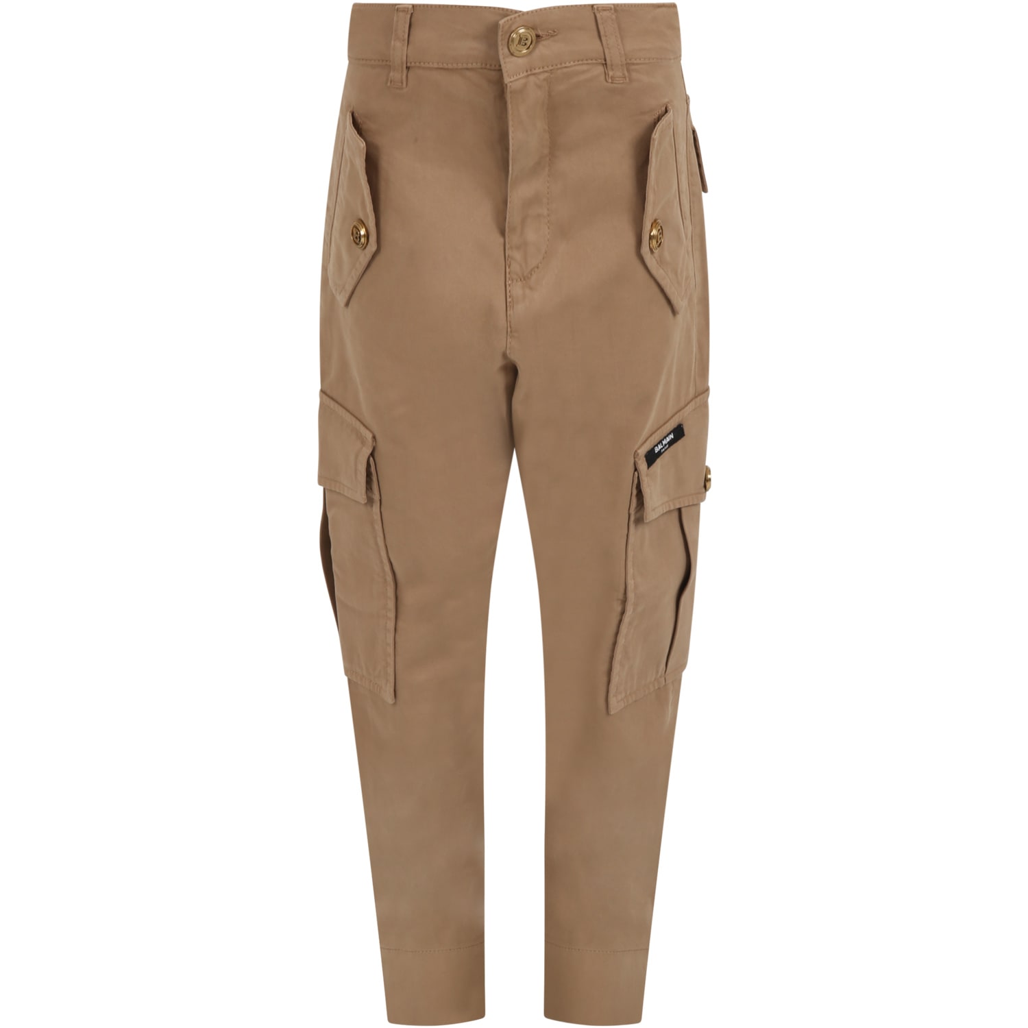 Balmain Beige Cargo Pants For Boy With Patch Logo