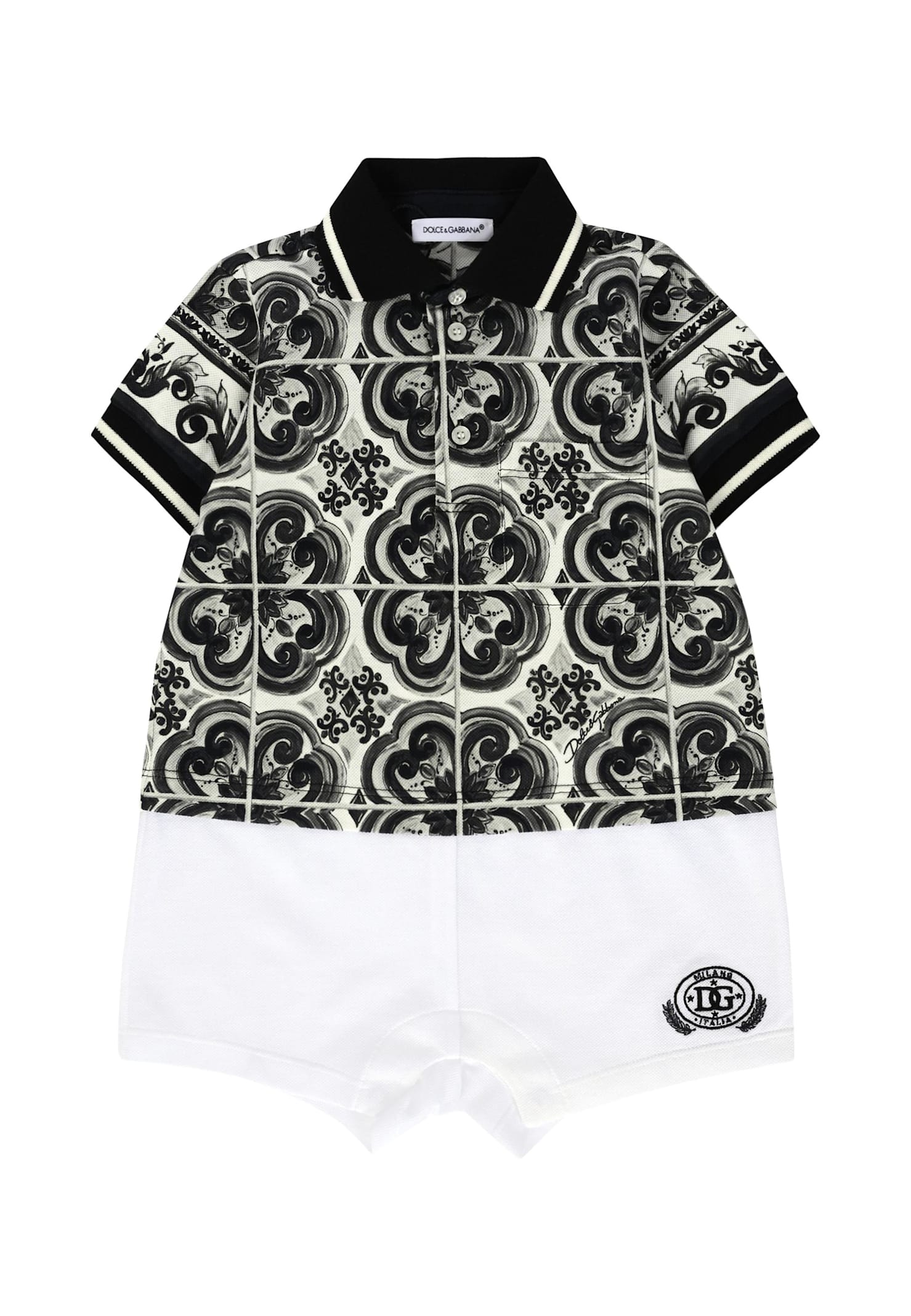 Dolce & Gabbana Black Romper For Baby Boy With Majolica Print In Black