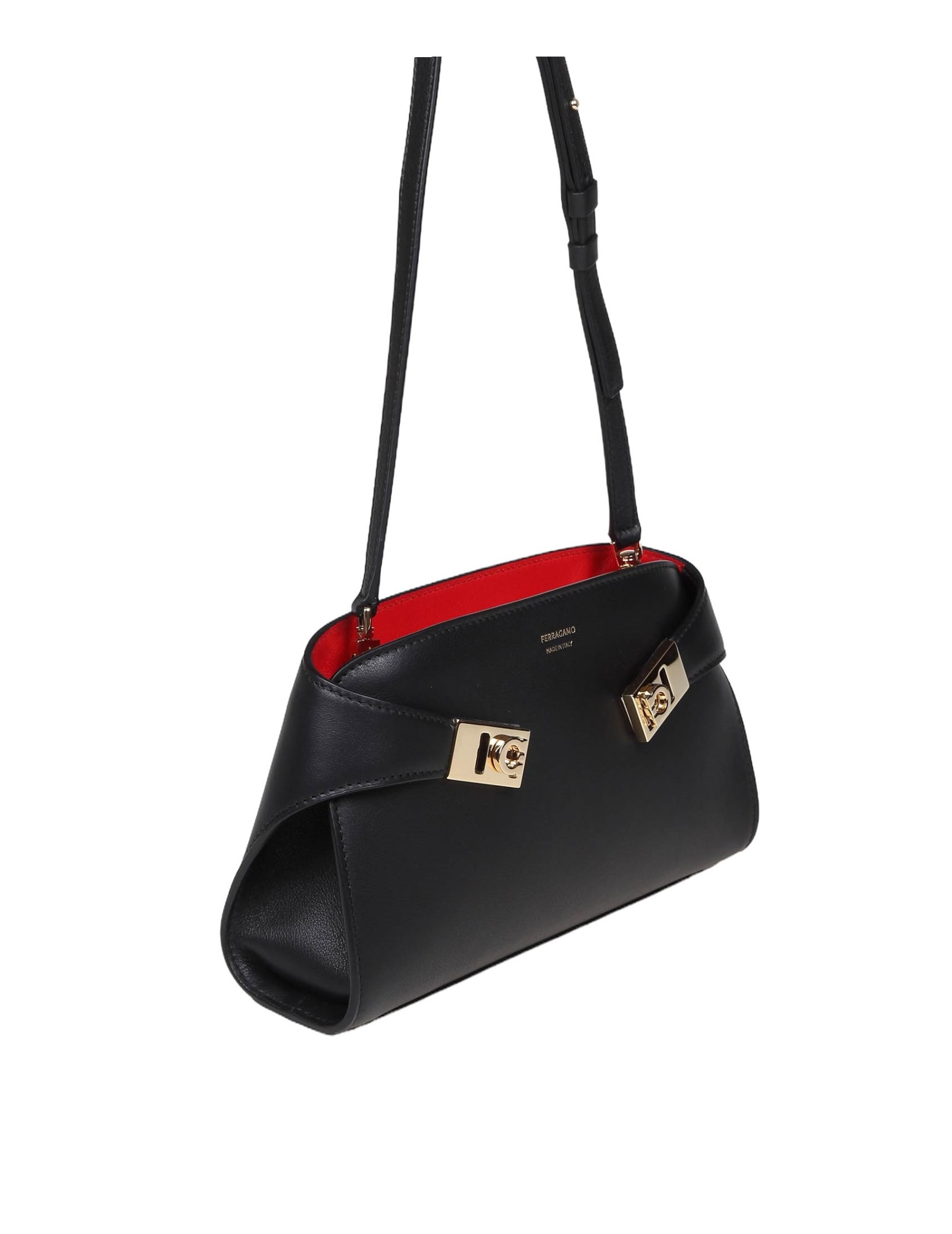 Shop Ferragamo Hug Clutch In Black Leather In Black/red