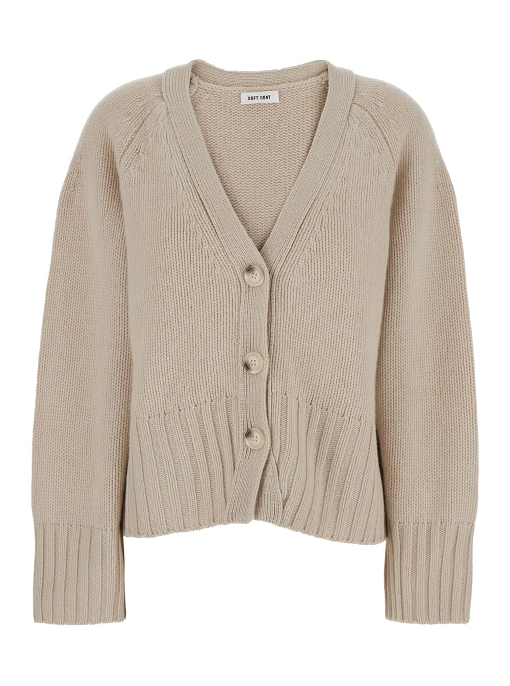 Goat Beige Cardigan With V Neck And Ribbed Trims In Cashmere Woman In Neutral