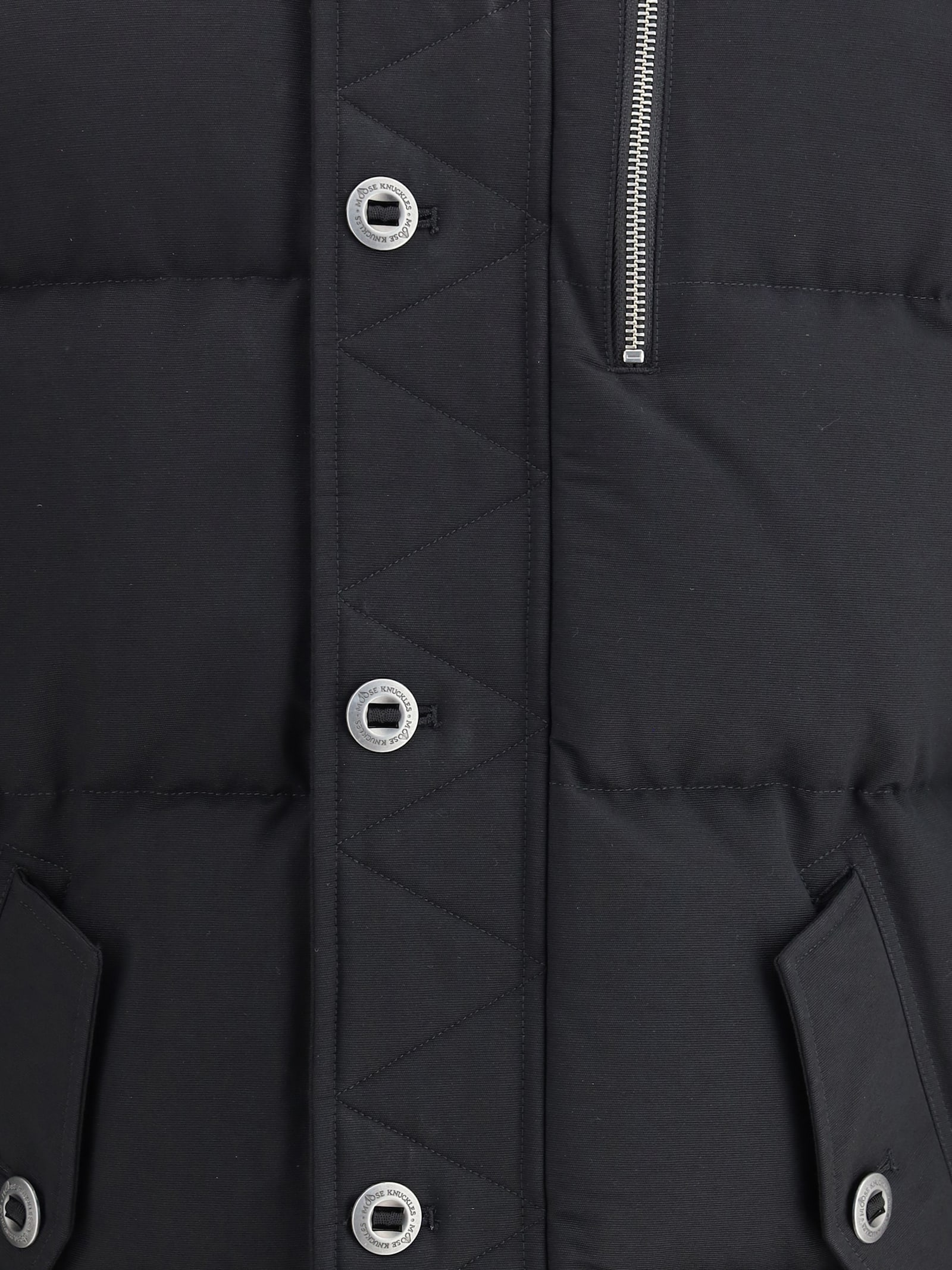 Moose Knuckles Forrestville Black Down Jacket With Fixed Hood And Logo Patch On The Sleeve In Cotton Blend Man In Black