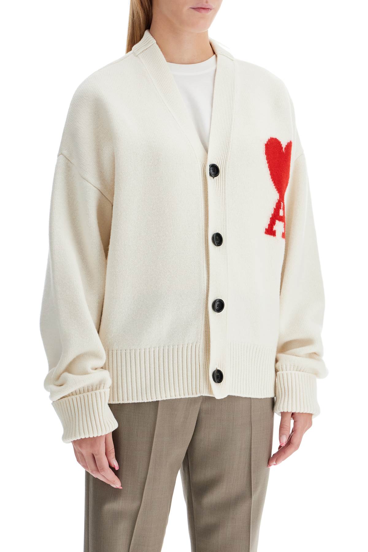 Shop Ami Alexandre Mattiussi Pure Virgin Wool Cardigan With Jacquard Logo In Ecru/rouge (white)