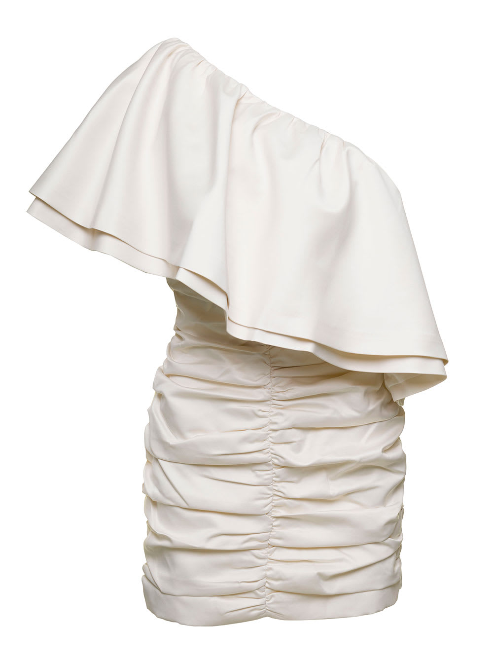 Mini White One-shoulder Dress With Large Ruffles In Ruched Polyester Woman