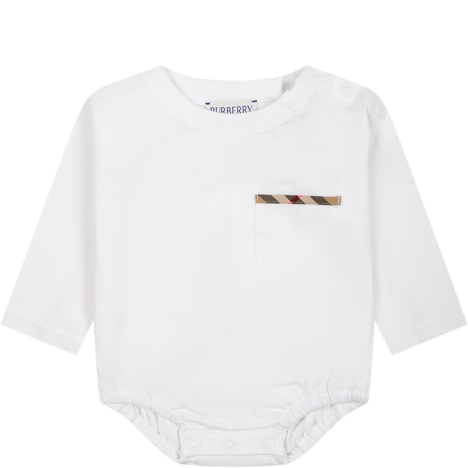 Shop Burberry White Bodysuit For Babies With Vintage Check Detail On The Pocket