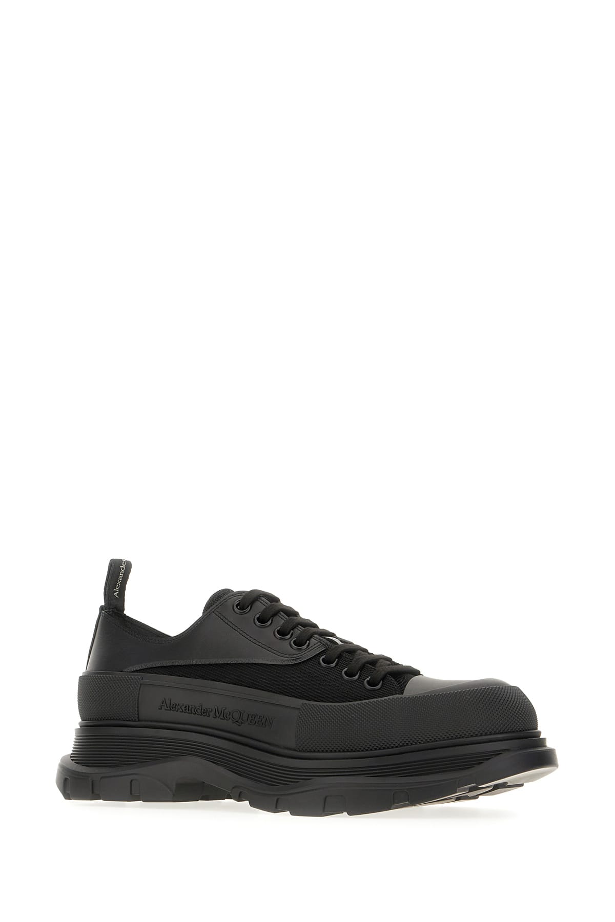 Shop Alexander Mcqueen Black Leather And Canvas Tread Slick Sneakers In Black White Silver