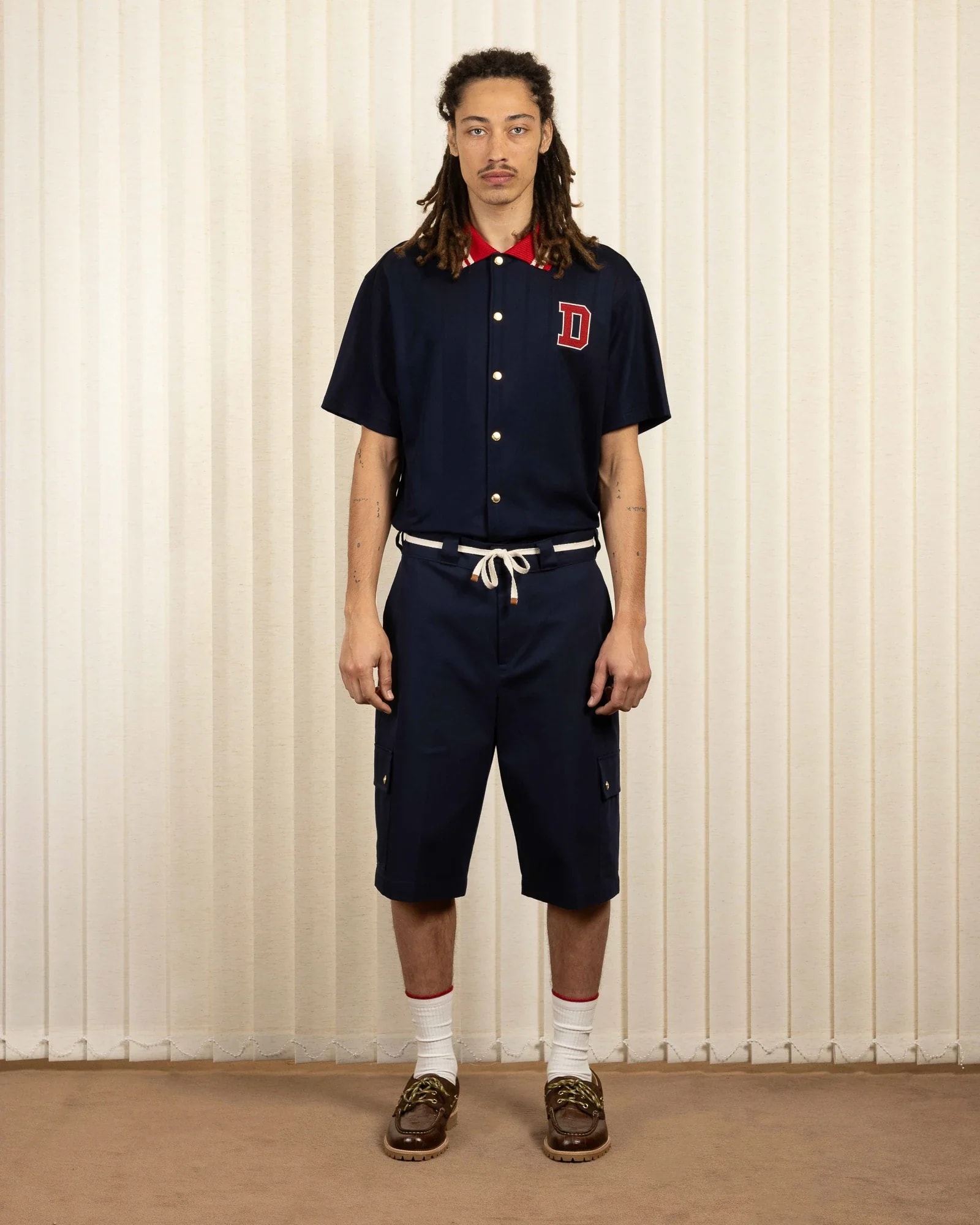 Drôle De Monsieur Chevron Cargo Workwear Shorts Drawstring In Blue