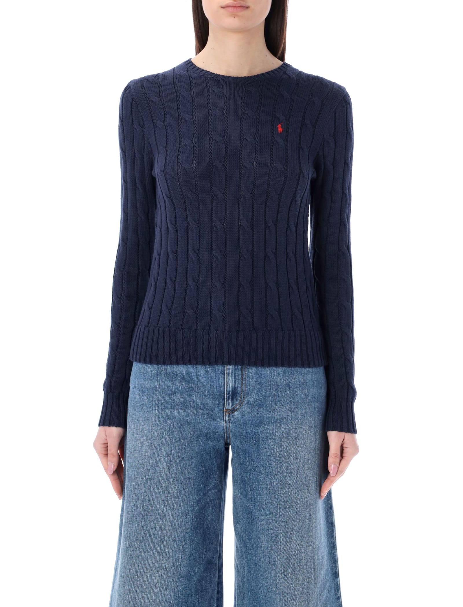 Shop Polo Ralph Lauren Cable-knit Cotton Crewneck Sweater In Navy