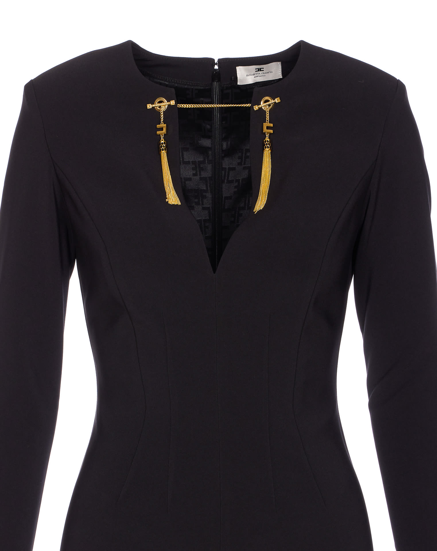 Elisabetta Franchi Shoulder Reinforced V-neckline Midi Dress With Split In Black