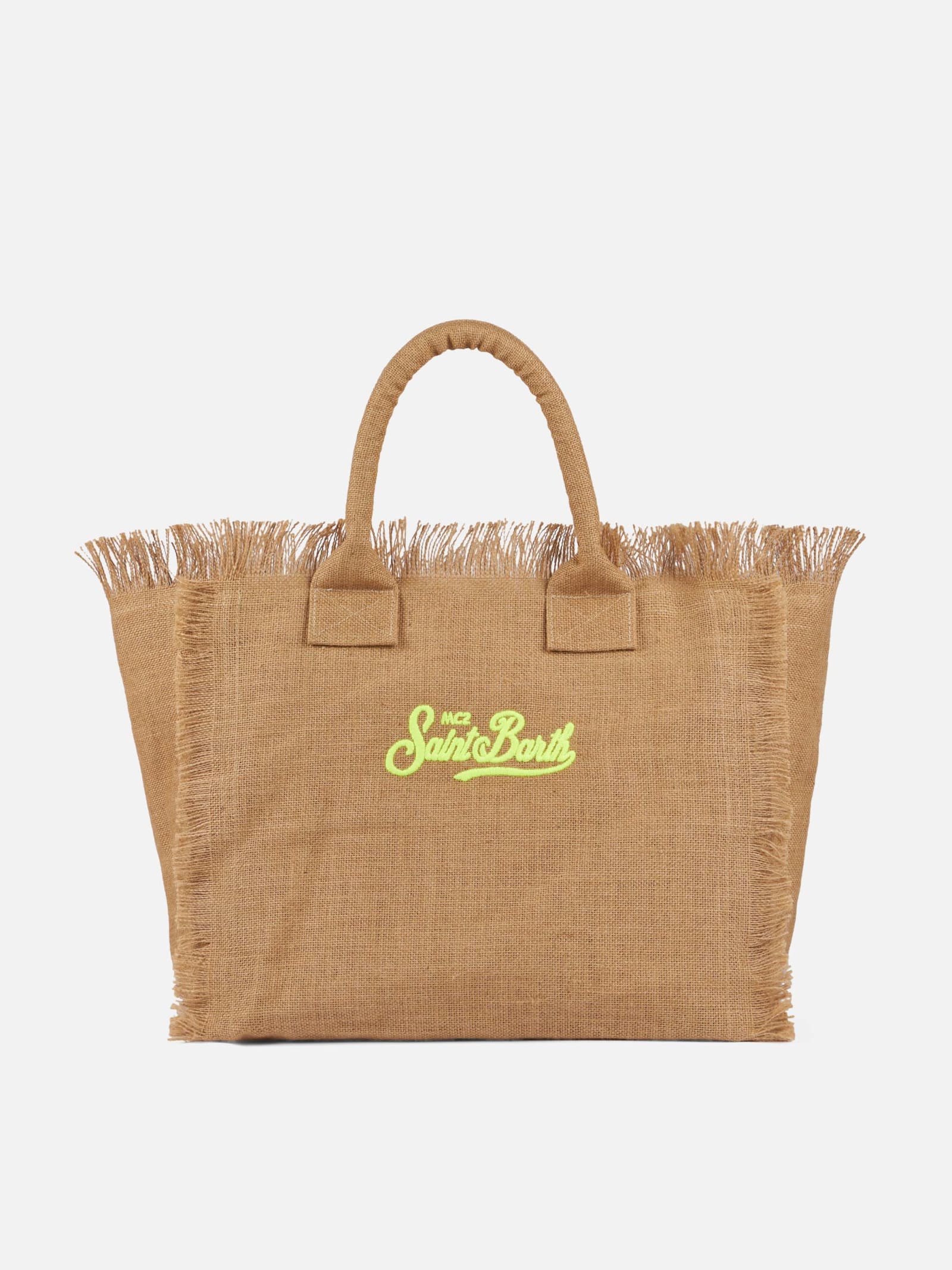 Mc2 Saint Barth Vanity Natural Jute Shoulder Bag With Embroidered Logo In White