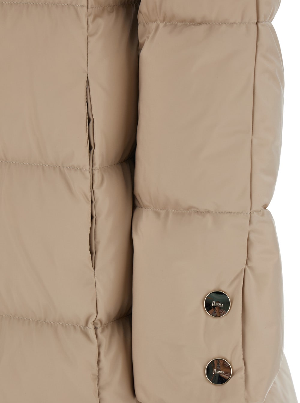 Shop Herno Long Beige Down Jacket With Hood In Satin Woman