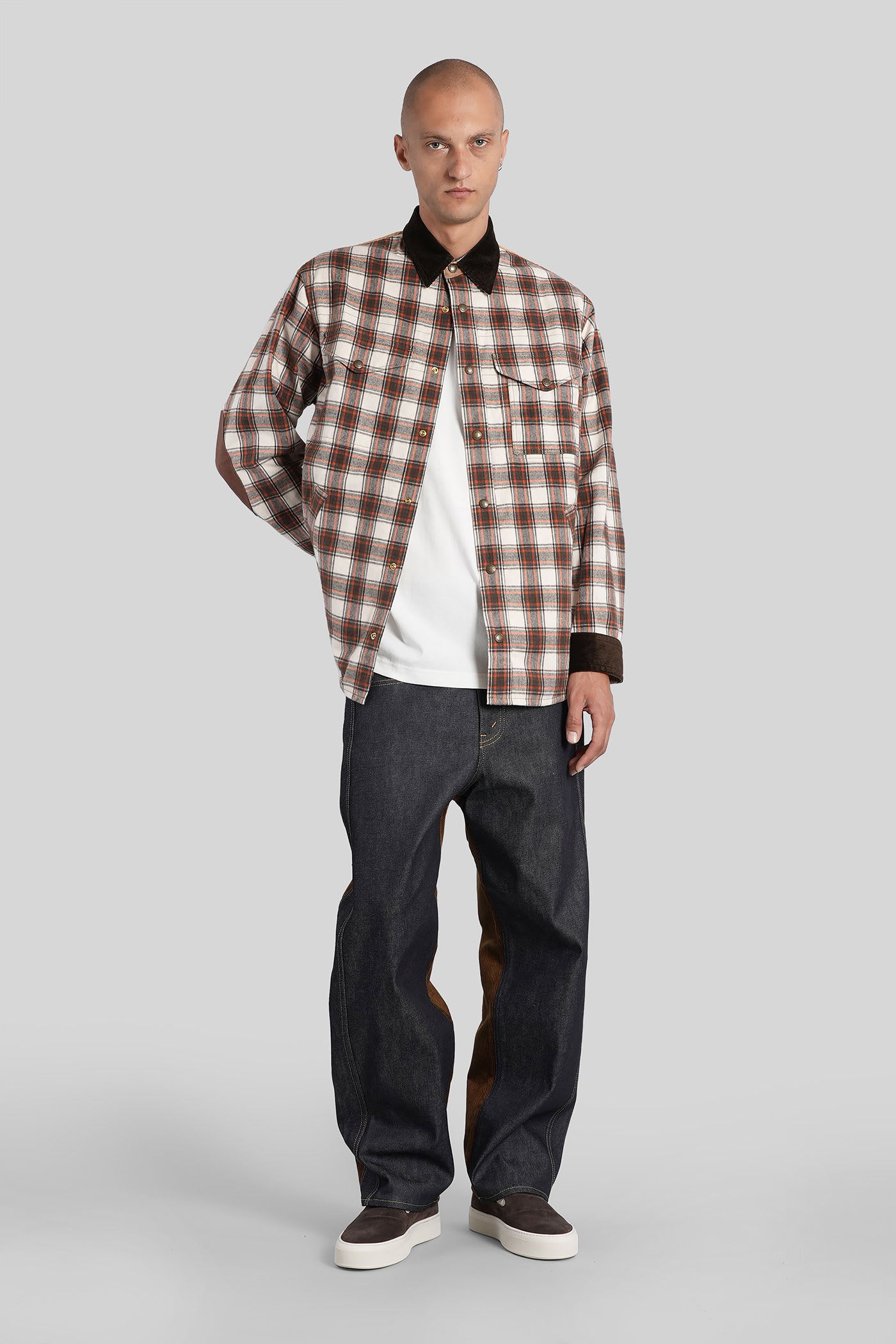 Junya Watanabe Checked Corduroy-paneled Overshirt In Brown