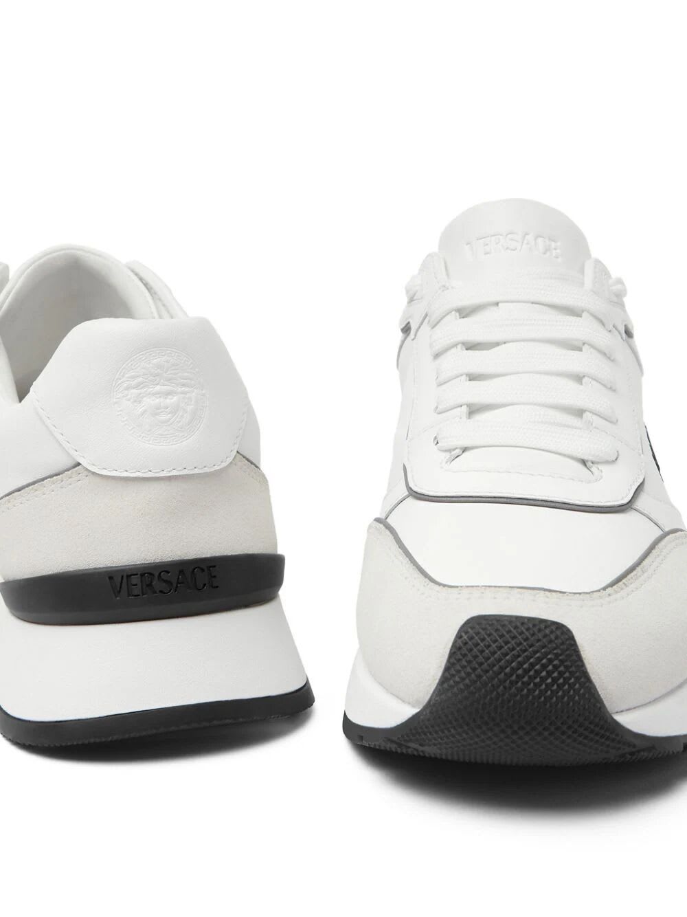 Shop Versace Sneaker Calf Leather+suede+ Embroidery In White