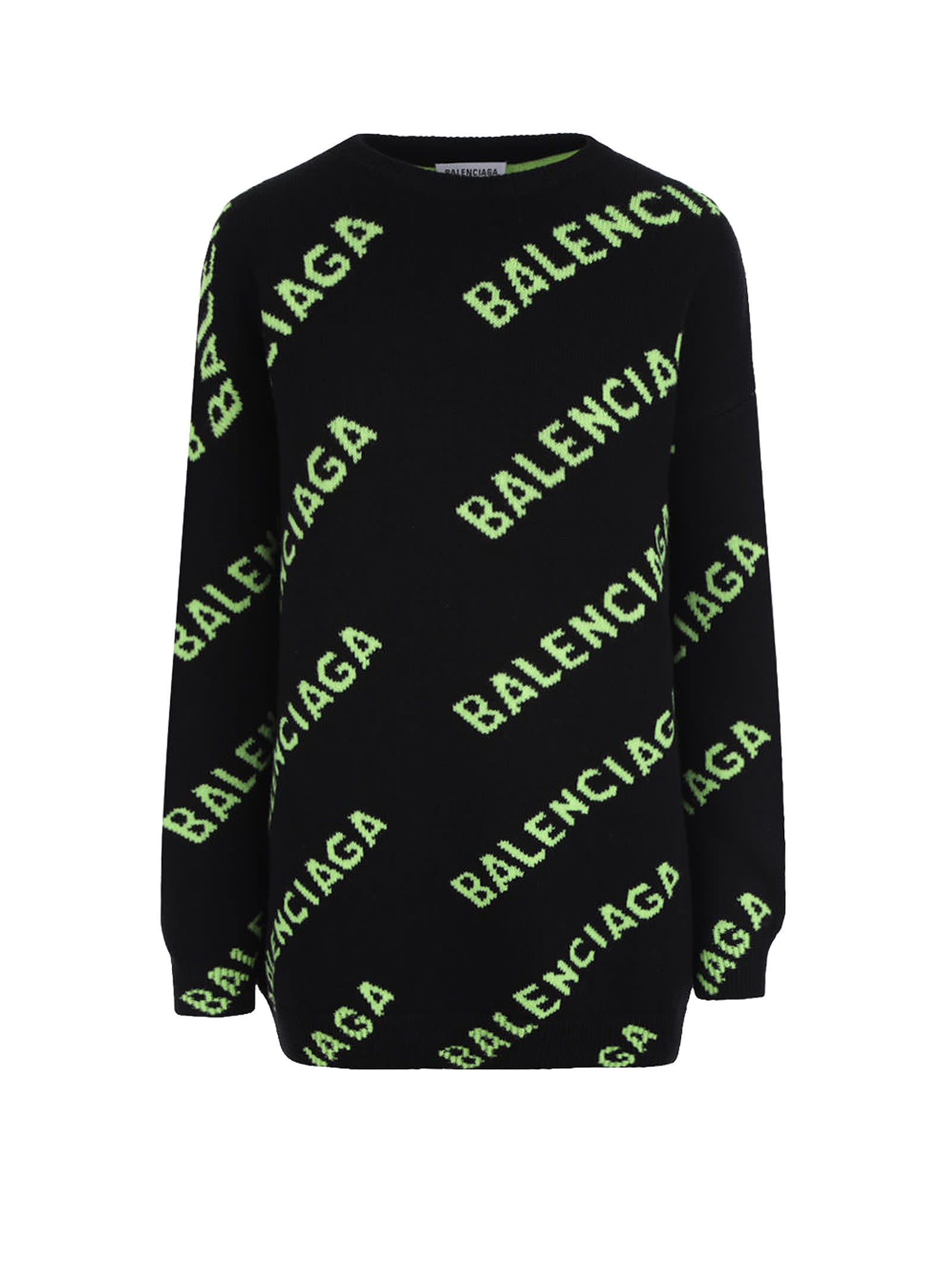 Balenciaga All Over Logo Jumper In Black Acid Green