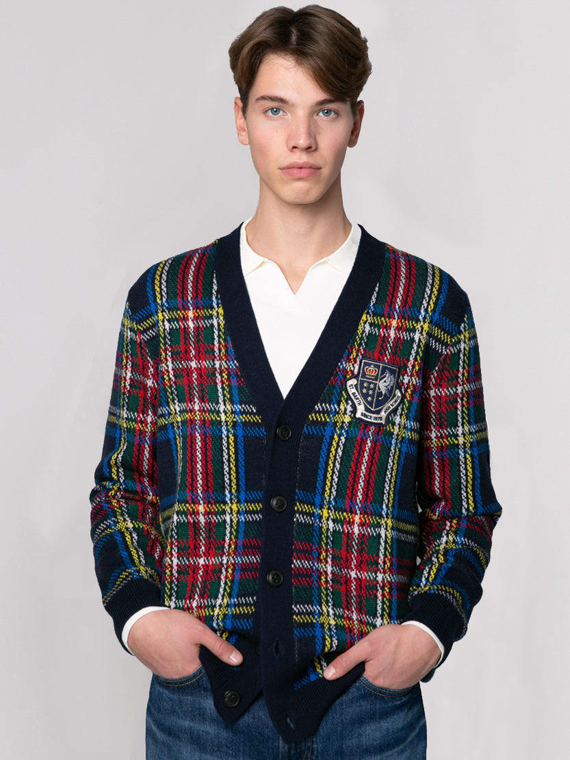 Mc2 Saint Barth Tartan Knitted Cardigan With Patch In Blue