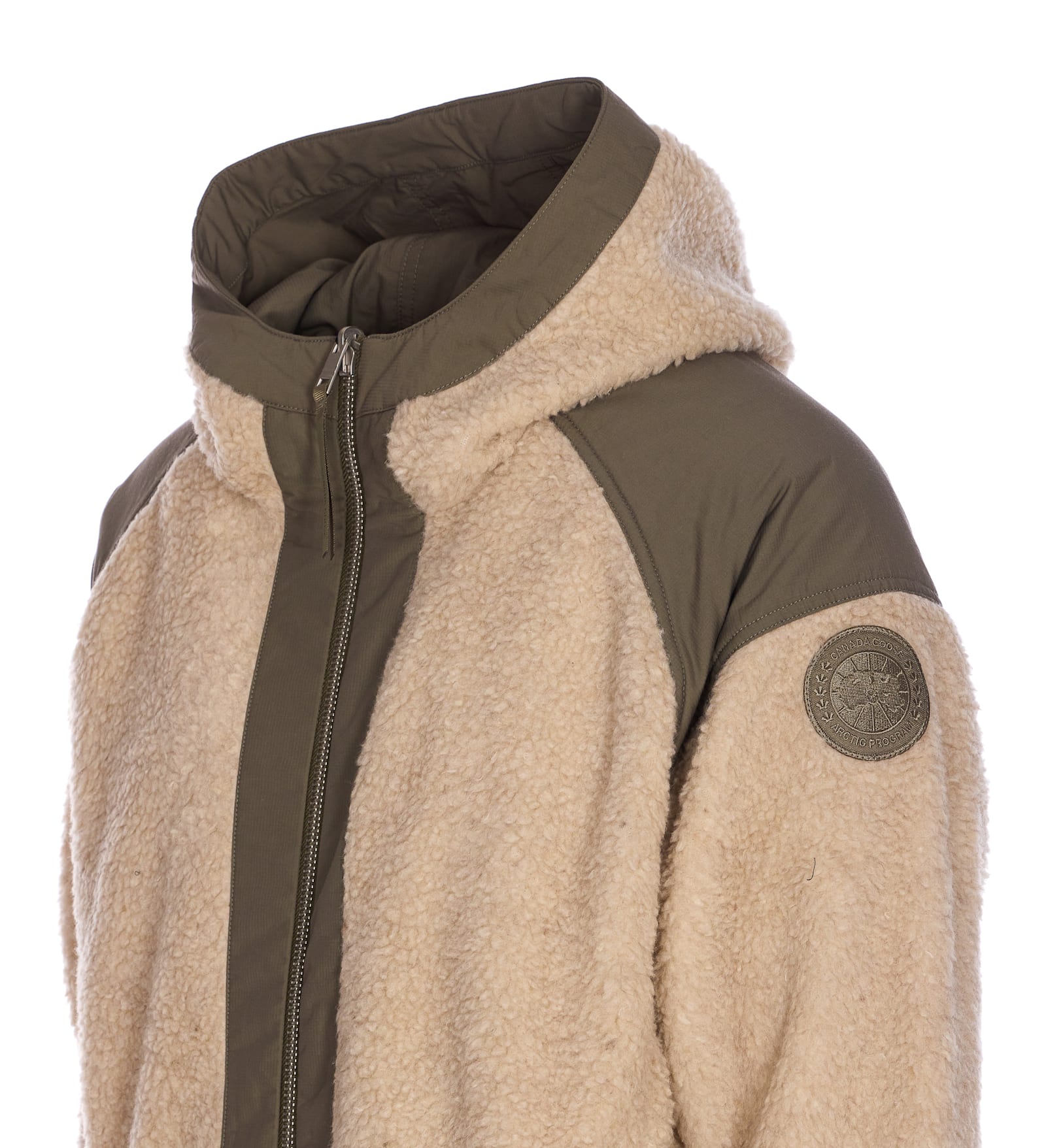 Canada Goose Hooded Shearling Effect Jacket With Contrast Panels In Brown