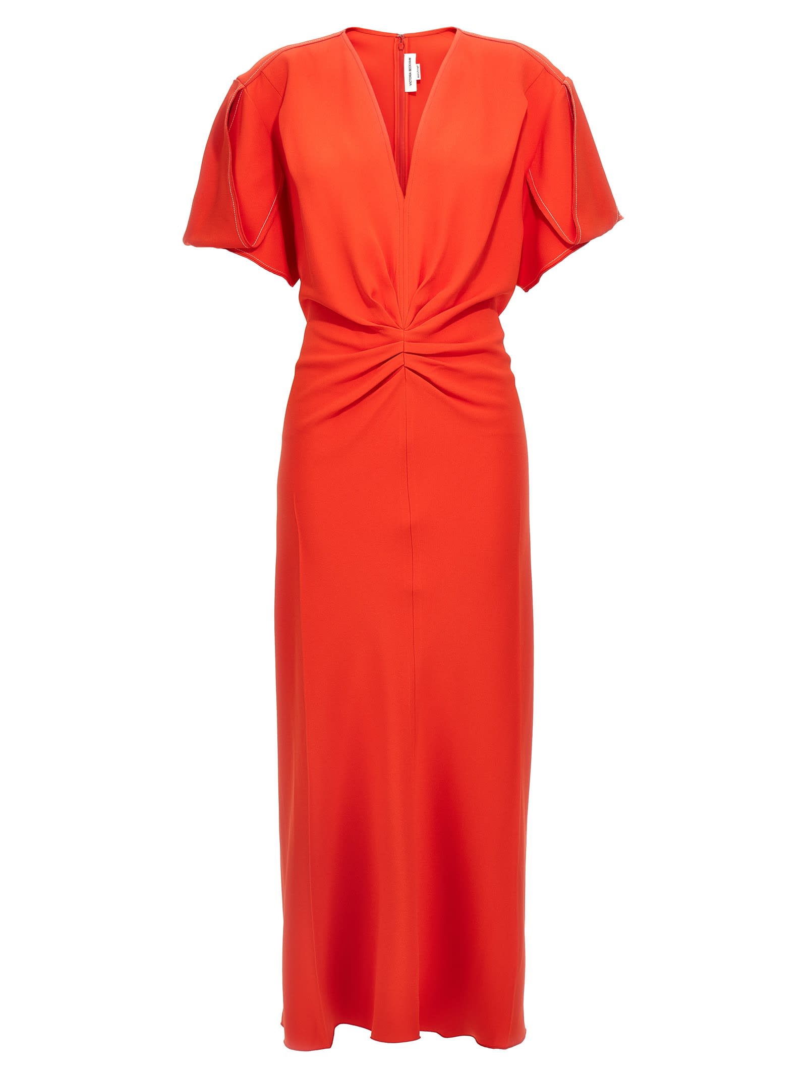 Victoria Beckham Gathered V Neck Midi Dress Tomato