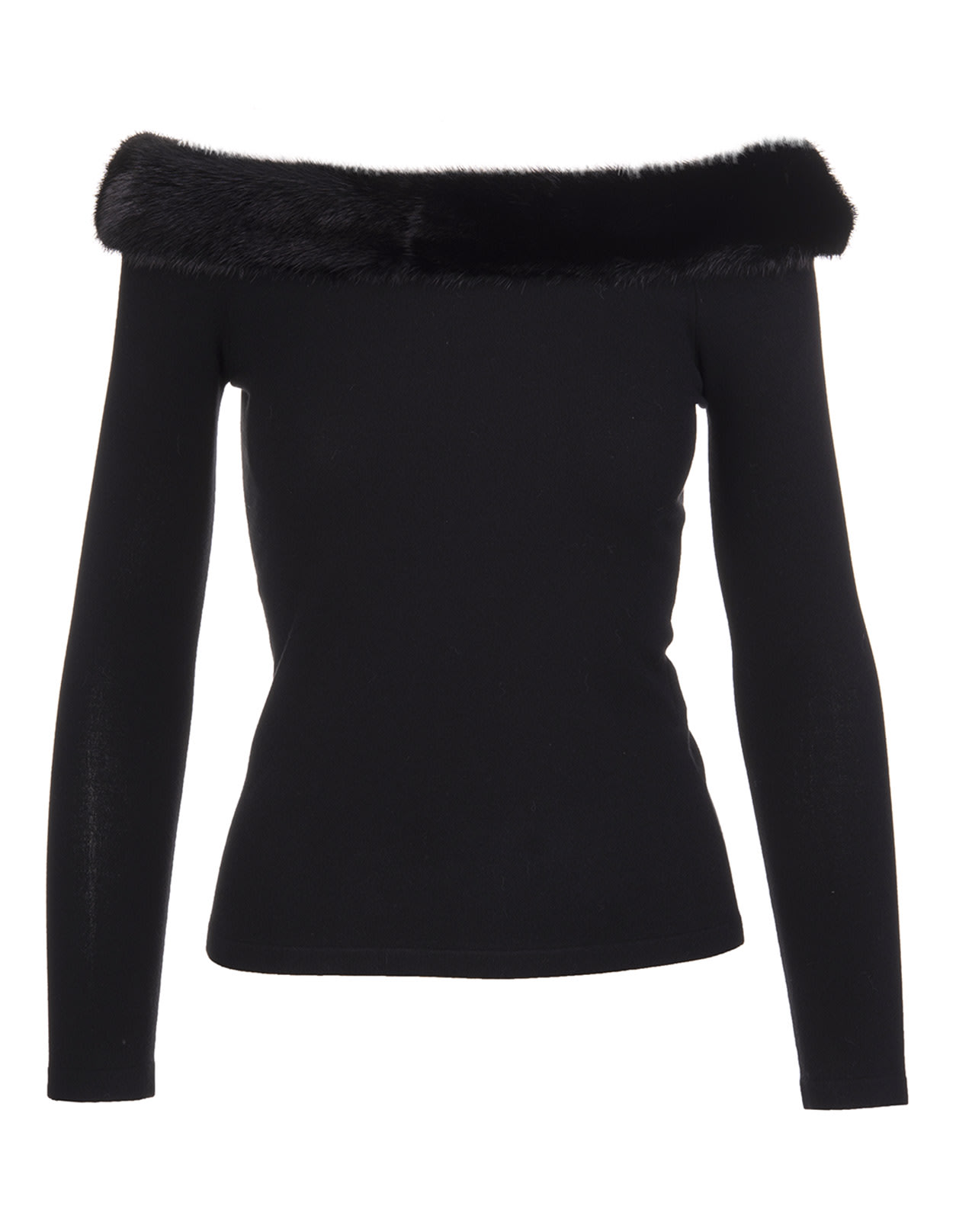 Blumarine Black Off The Shoulder Sweater With Mink