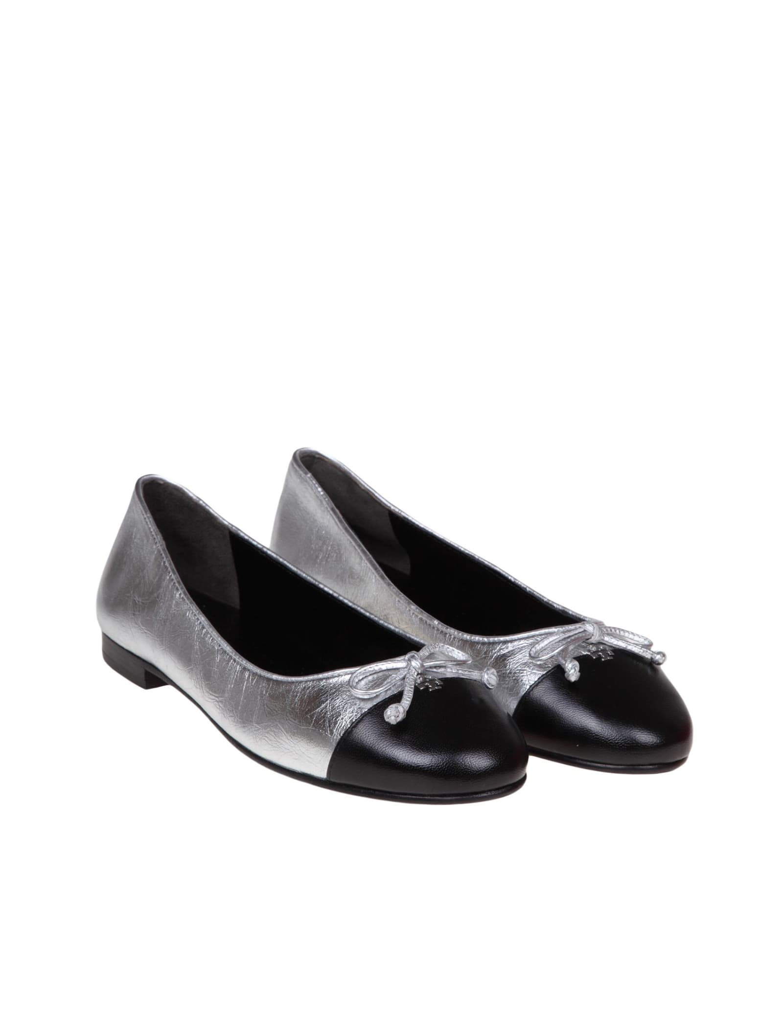 Shop Tory Burch Cap-toe Ballerina In Metallic Leather In Silver/black