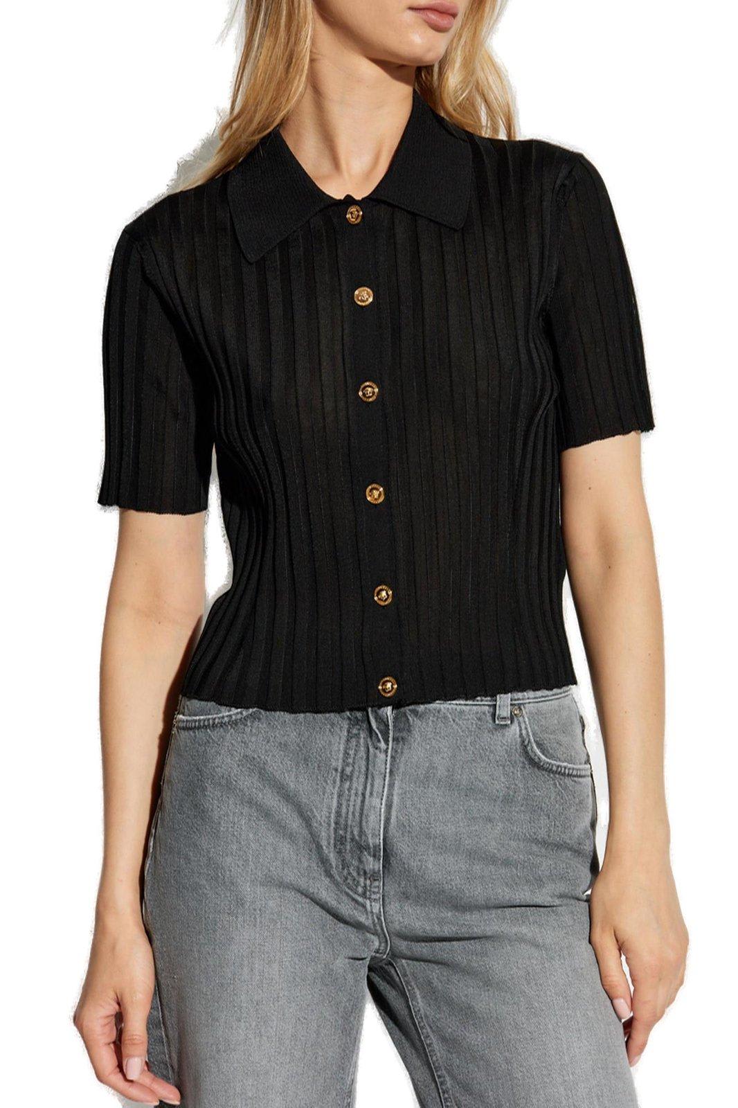 Versace Short-sleeved Button-up Knitted Shirt In Nero