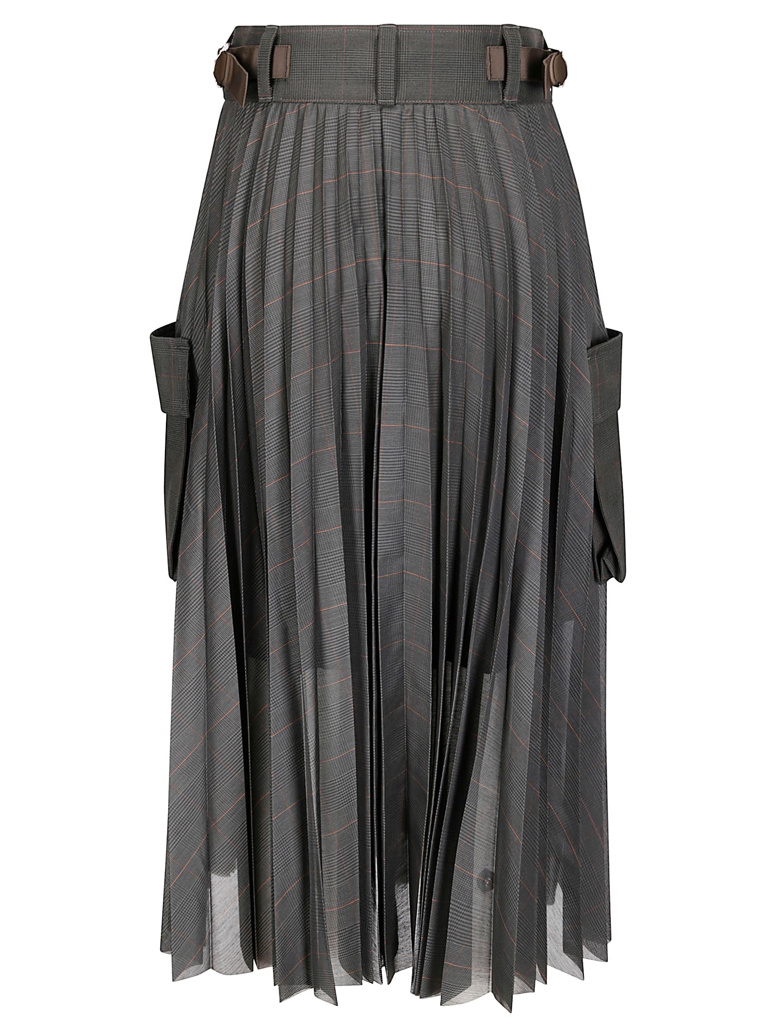 Sacai Glen Pleated Check Pocket Midi Skirt In Brown