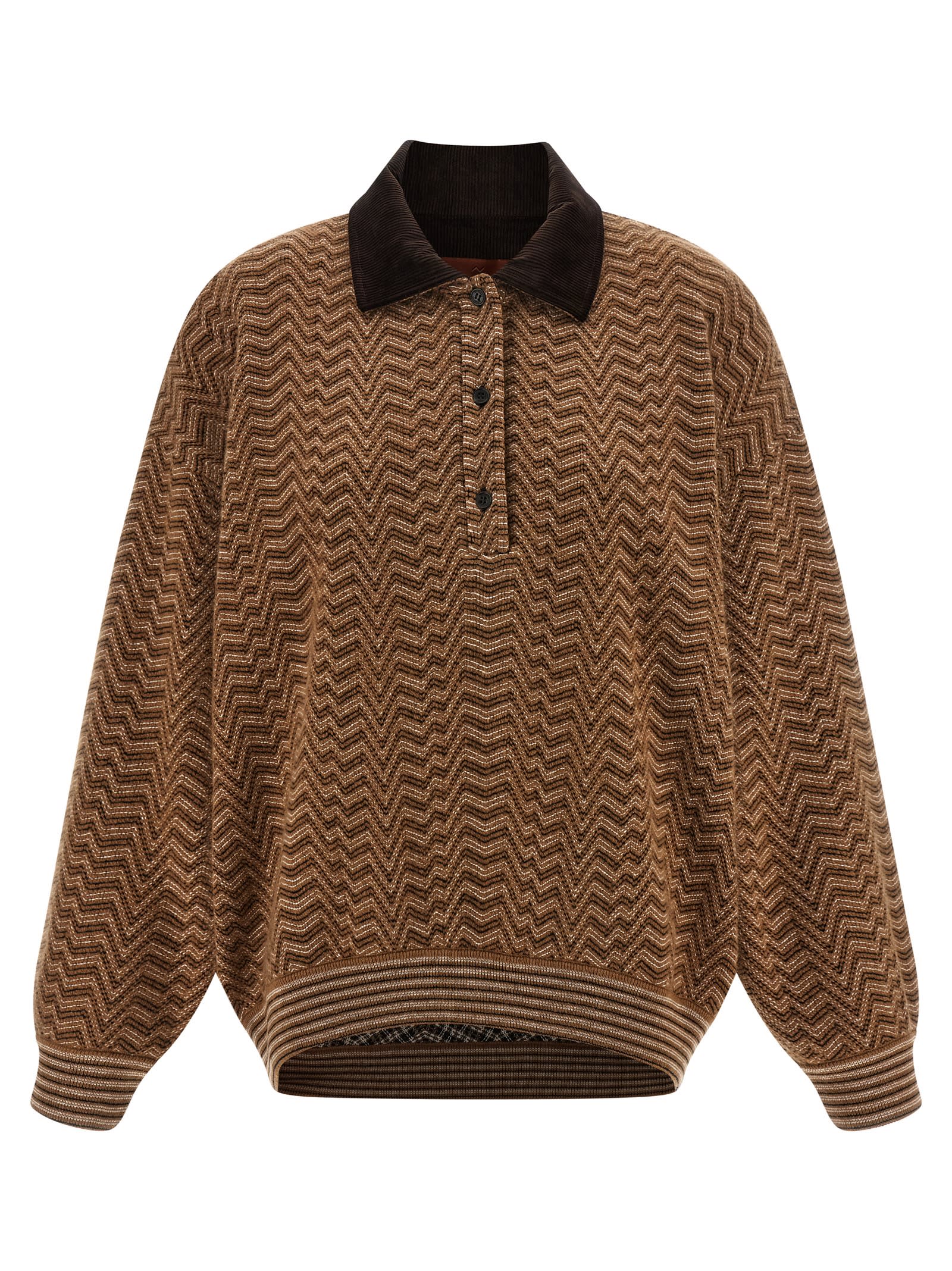 Missoni Chevron Pattern Long Sleeve Collared Sweater In Brown