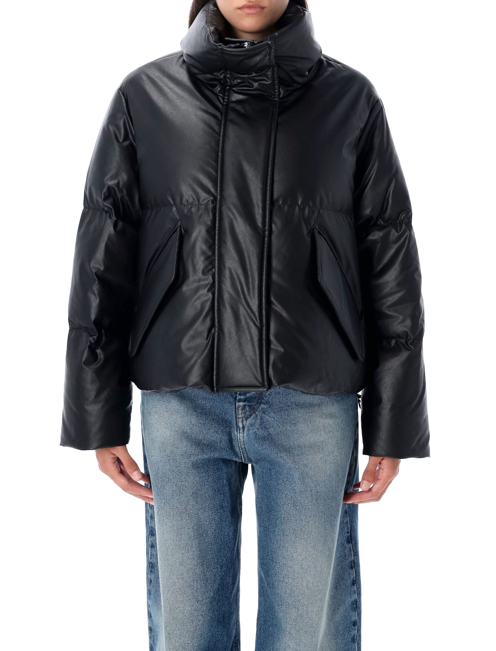 Mm6 Maison Margiela Black Zip Faux-leather Down Jacket In Black