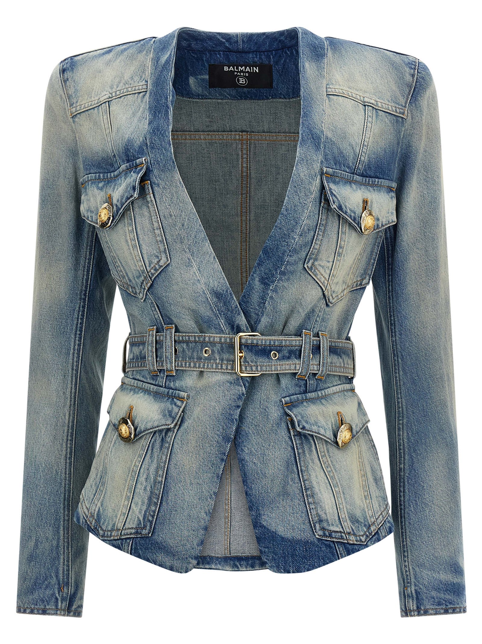 Balmain 1-button Belted Denim Jacket In Blue