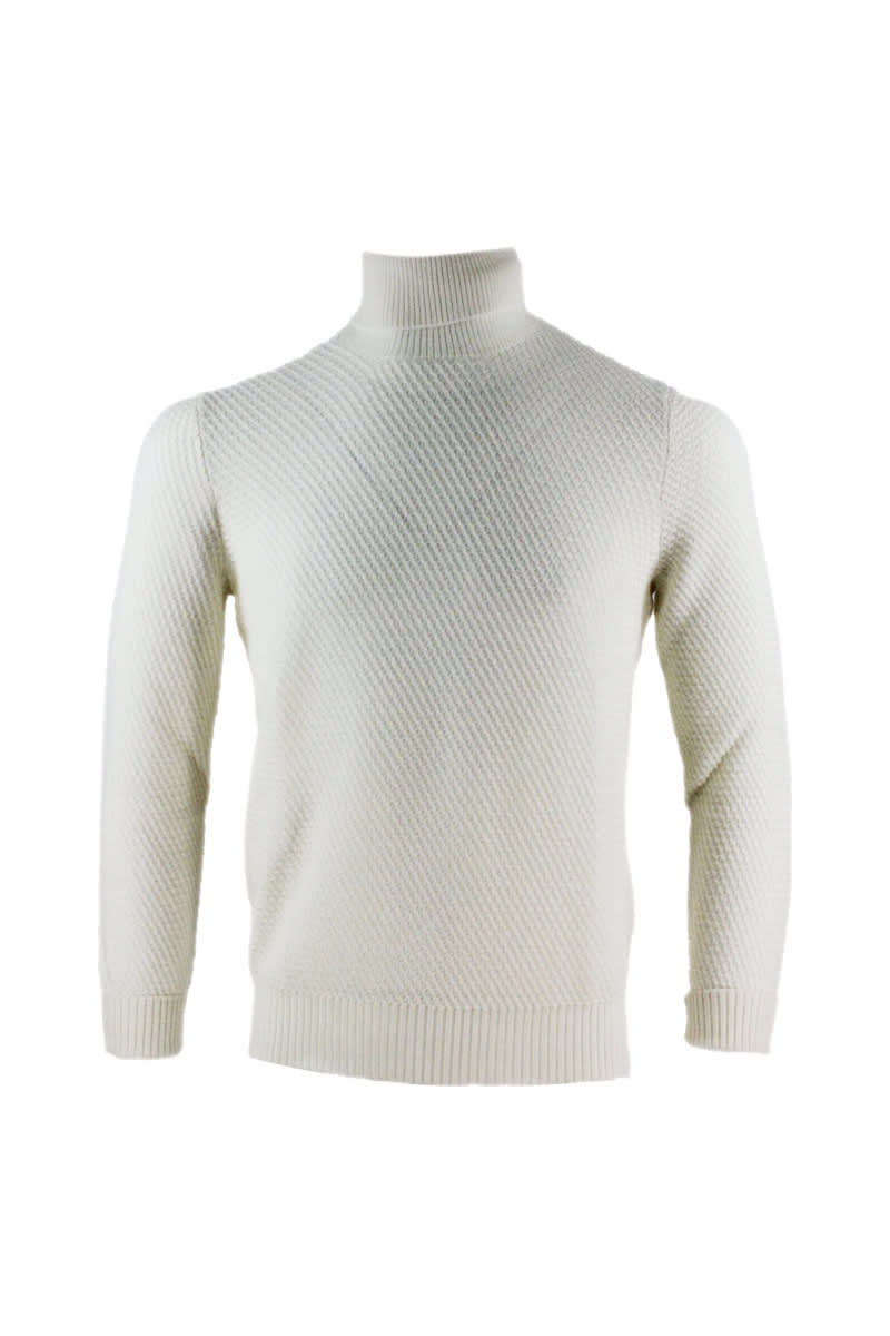 Barba Napoli Turtleneck Sweater With Rice Grain Processing In Pure Wool