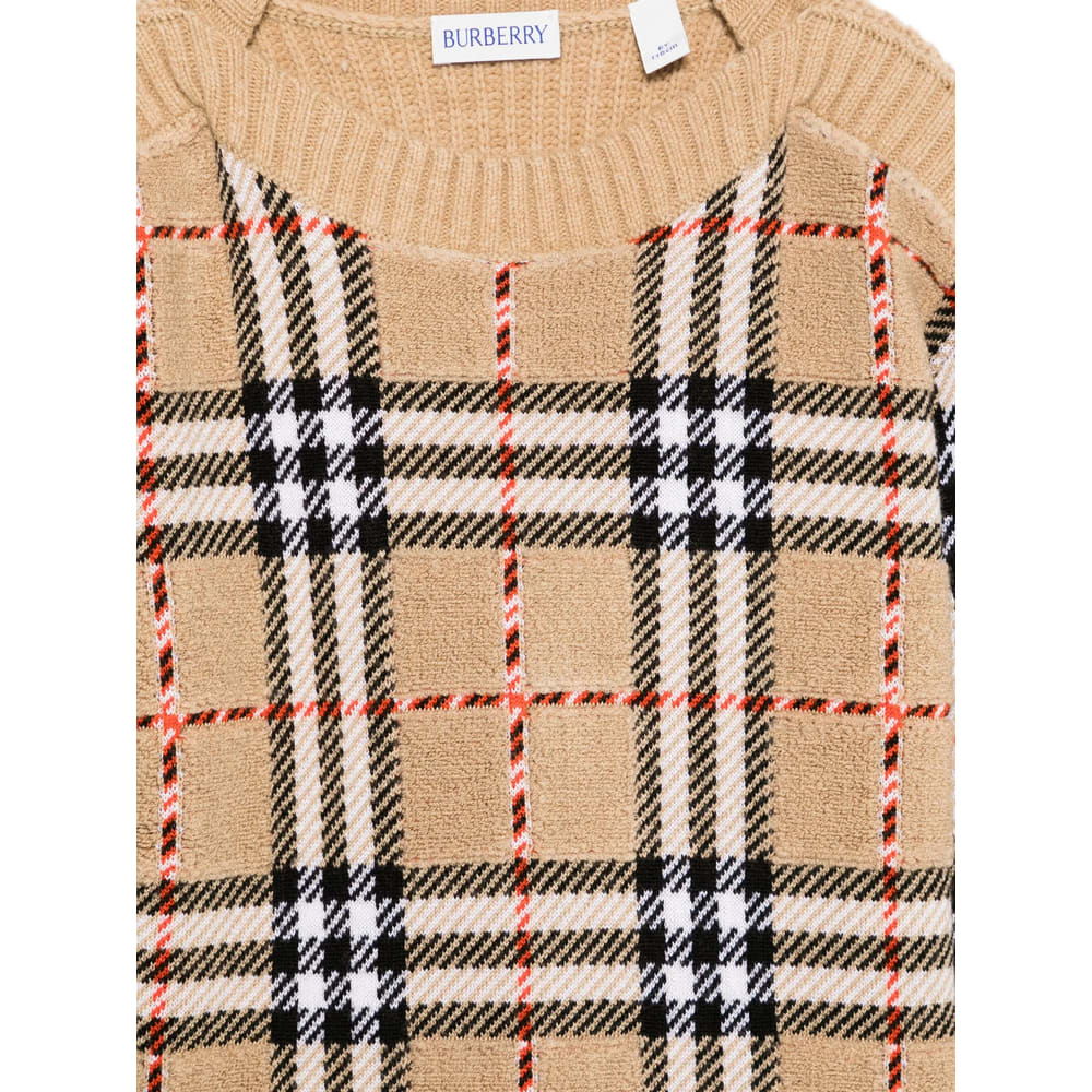 Burberry Kids Beige Signature Check Pattern Long Sleeves Crew Neck Wool Knitted In Brown
