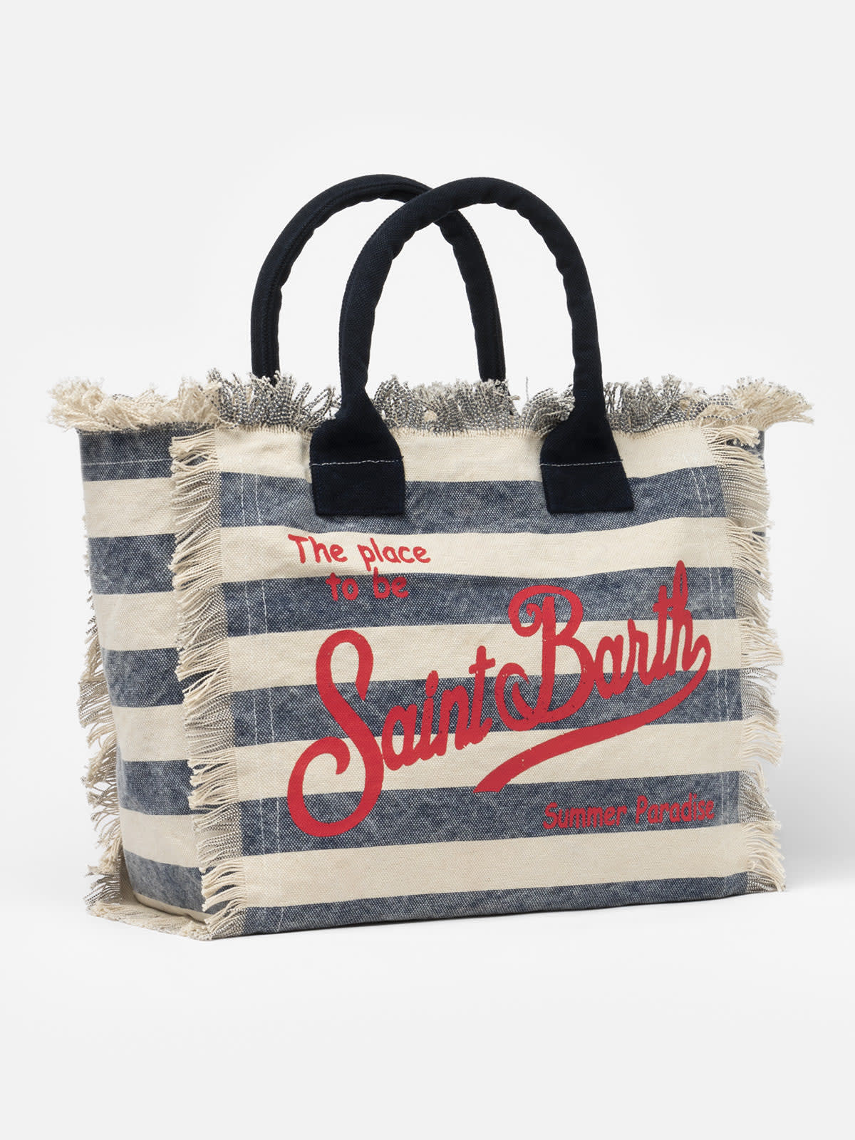 Mc2 Saint Barth Blue Striped Cotton Canvas Vanity Tote Bag In Blue
